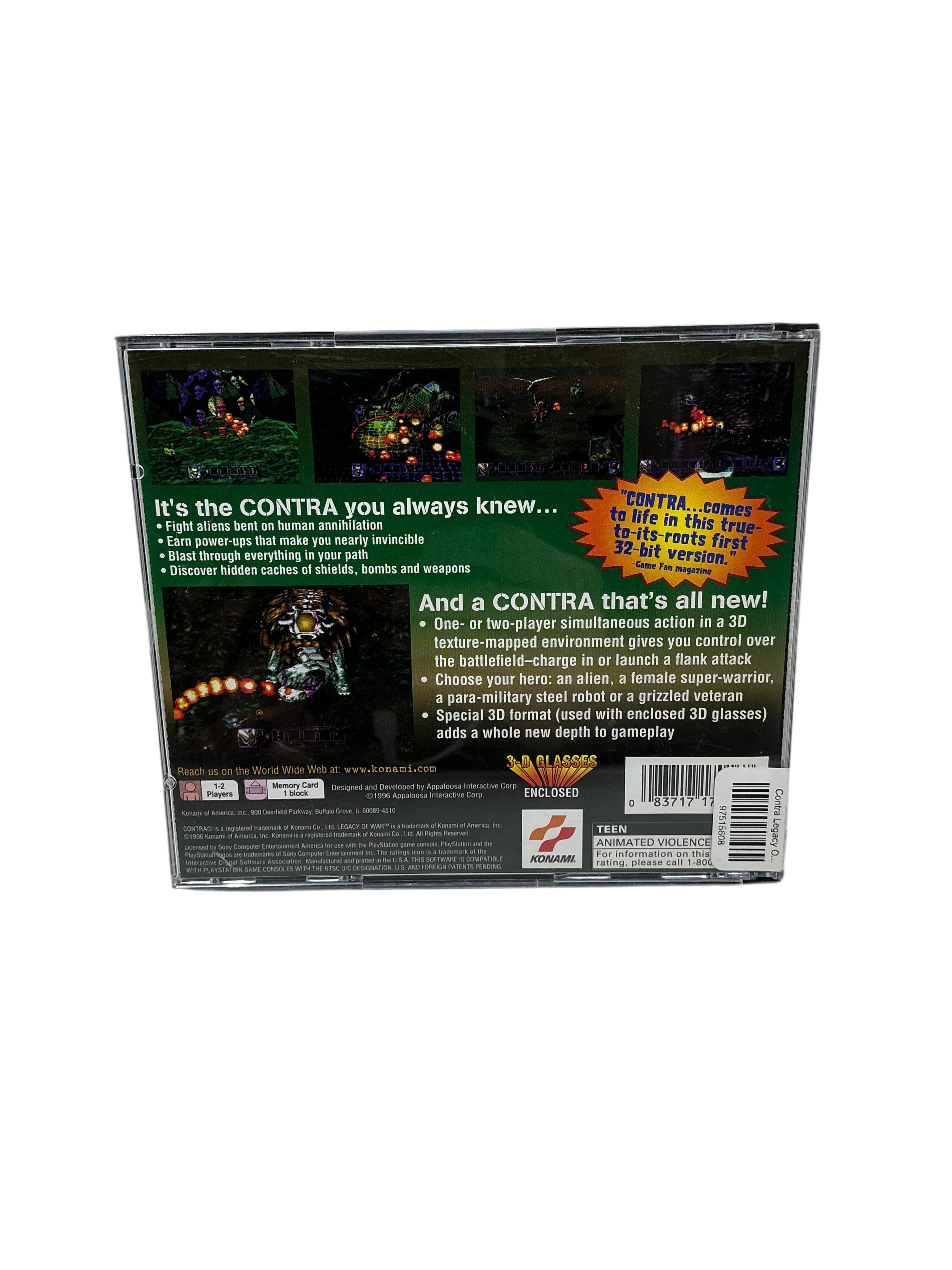 Back of video game case for Contra Legacy of War on a transparent background.