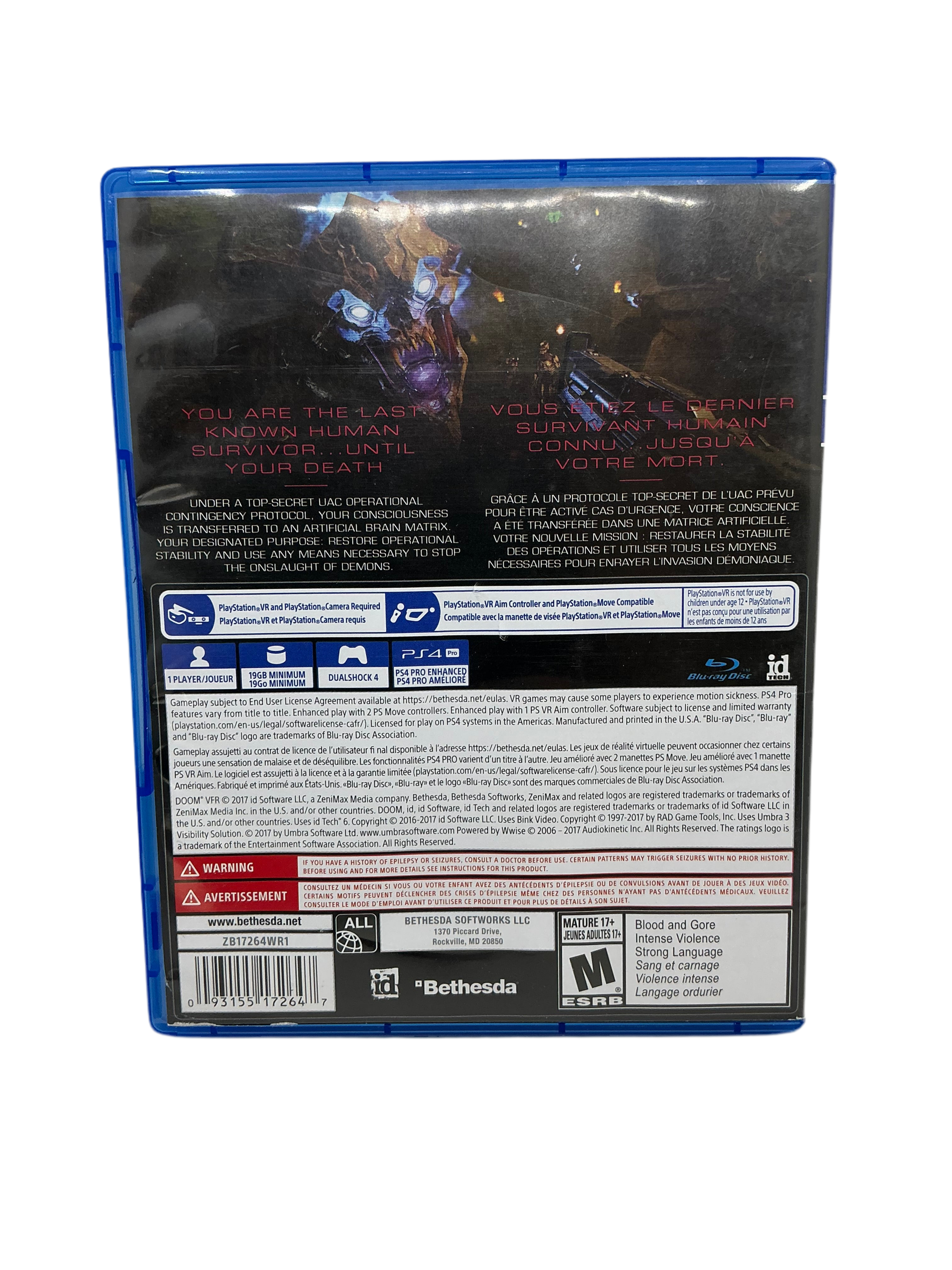 Back cover for Doom VFR video game case.