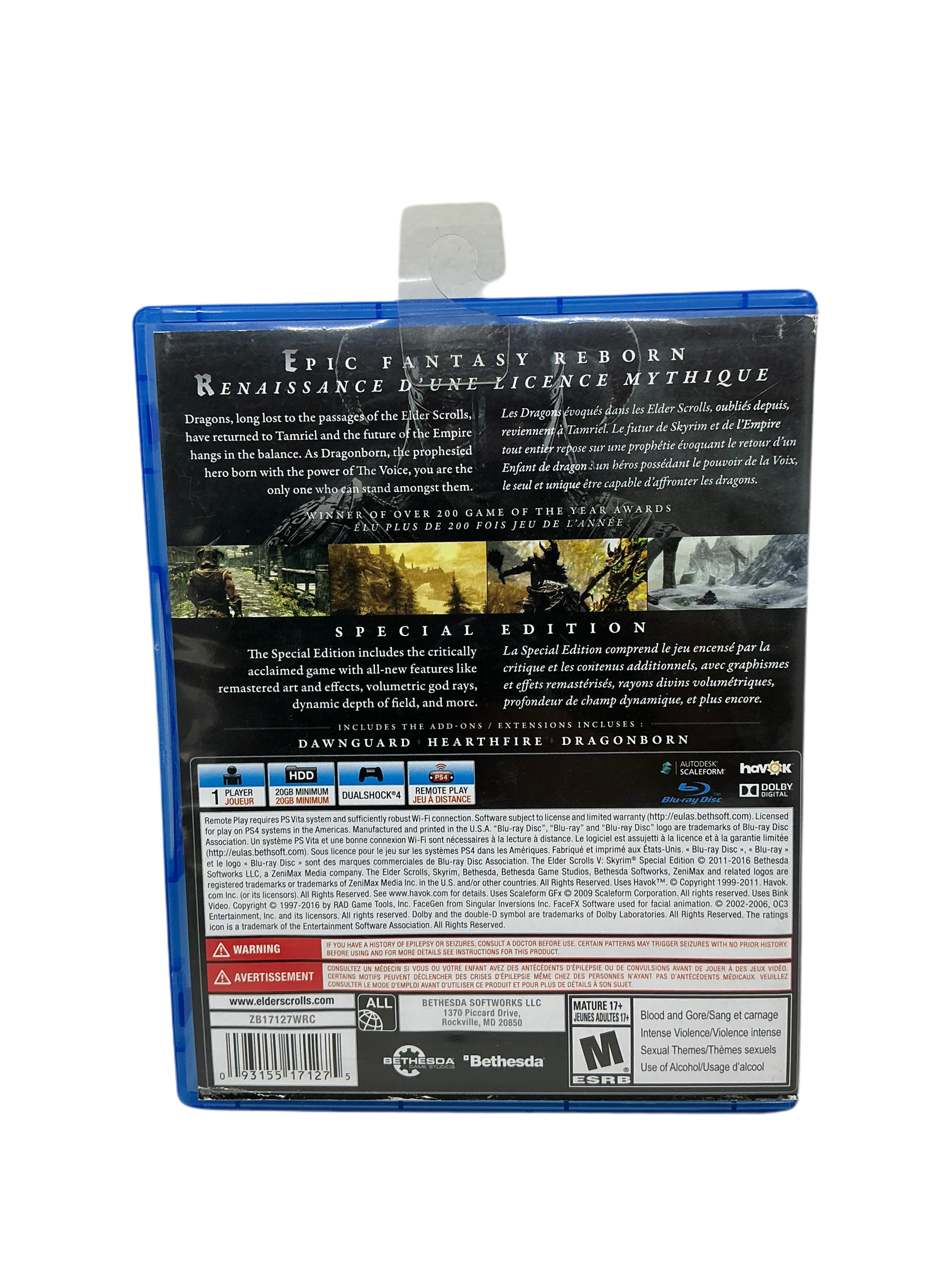 Back cover of Skyrim video game packaging with text and graphics on a transparent background