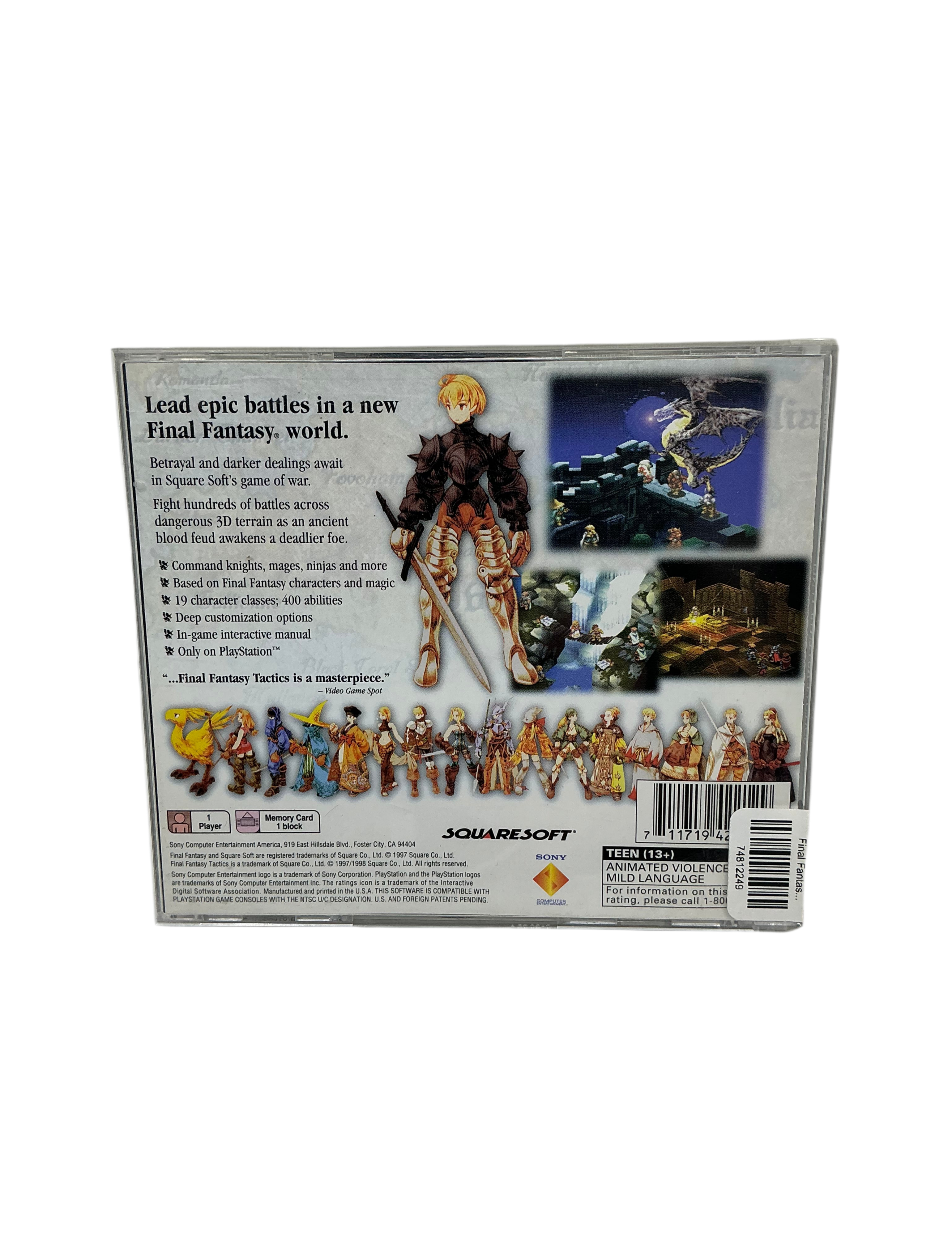 Back of Final Fantasy Tactics game case for Playstation on a transparent background.