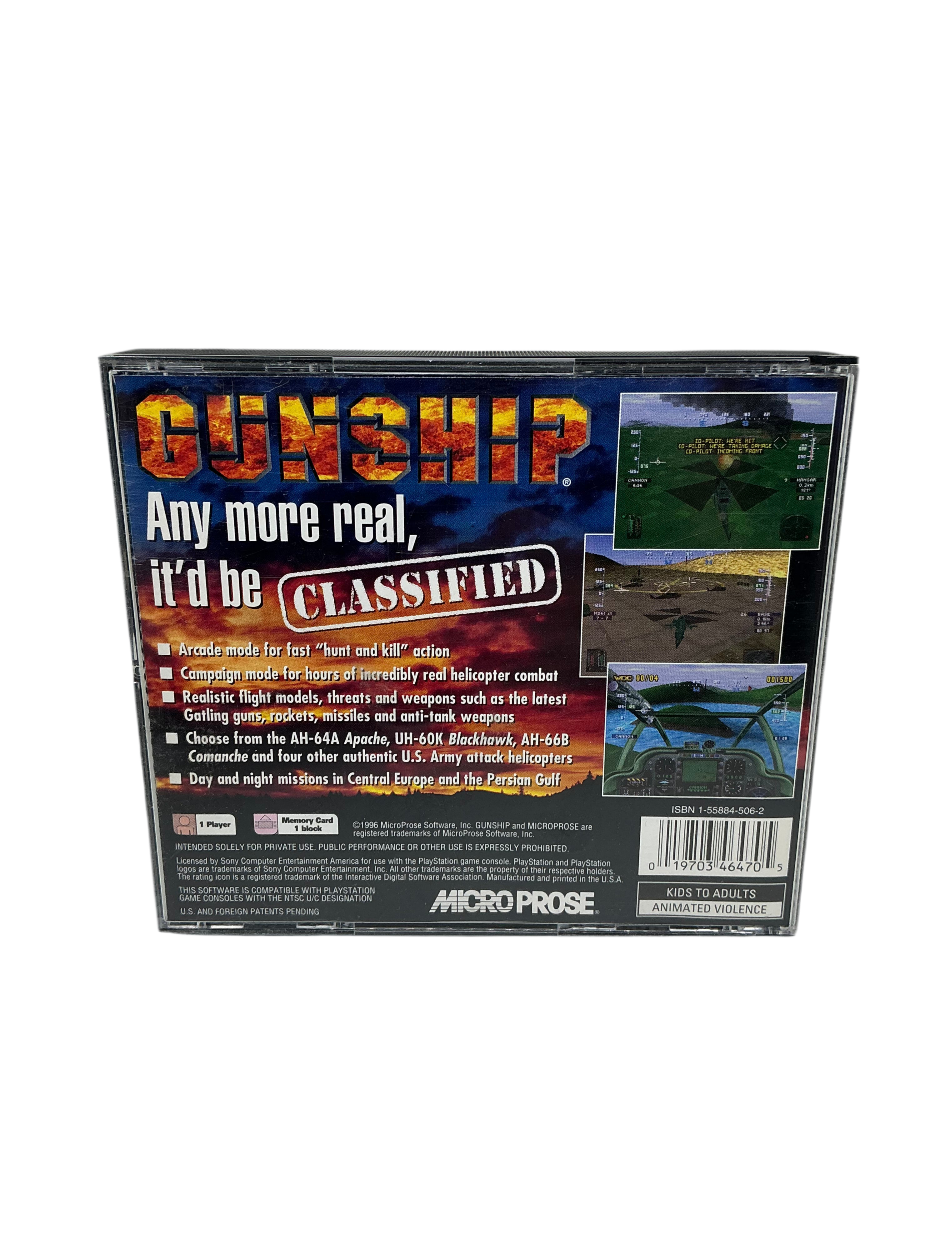 Back cover of Gunship game case for PlayStation on a transparent background.