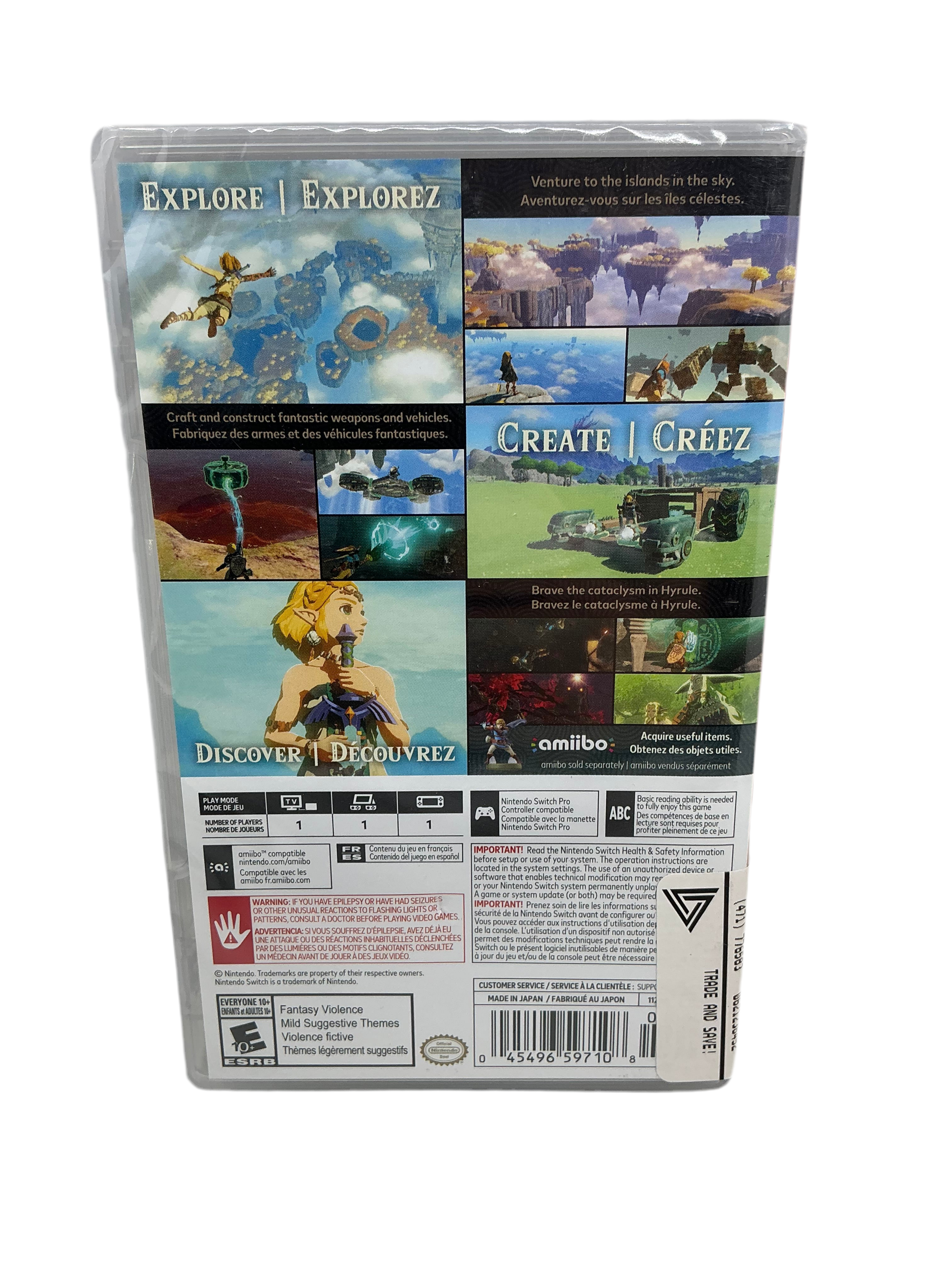 Back of a video game packaging with various scenes and text on a white background
