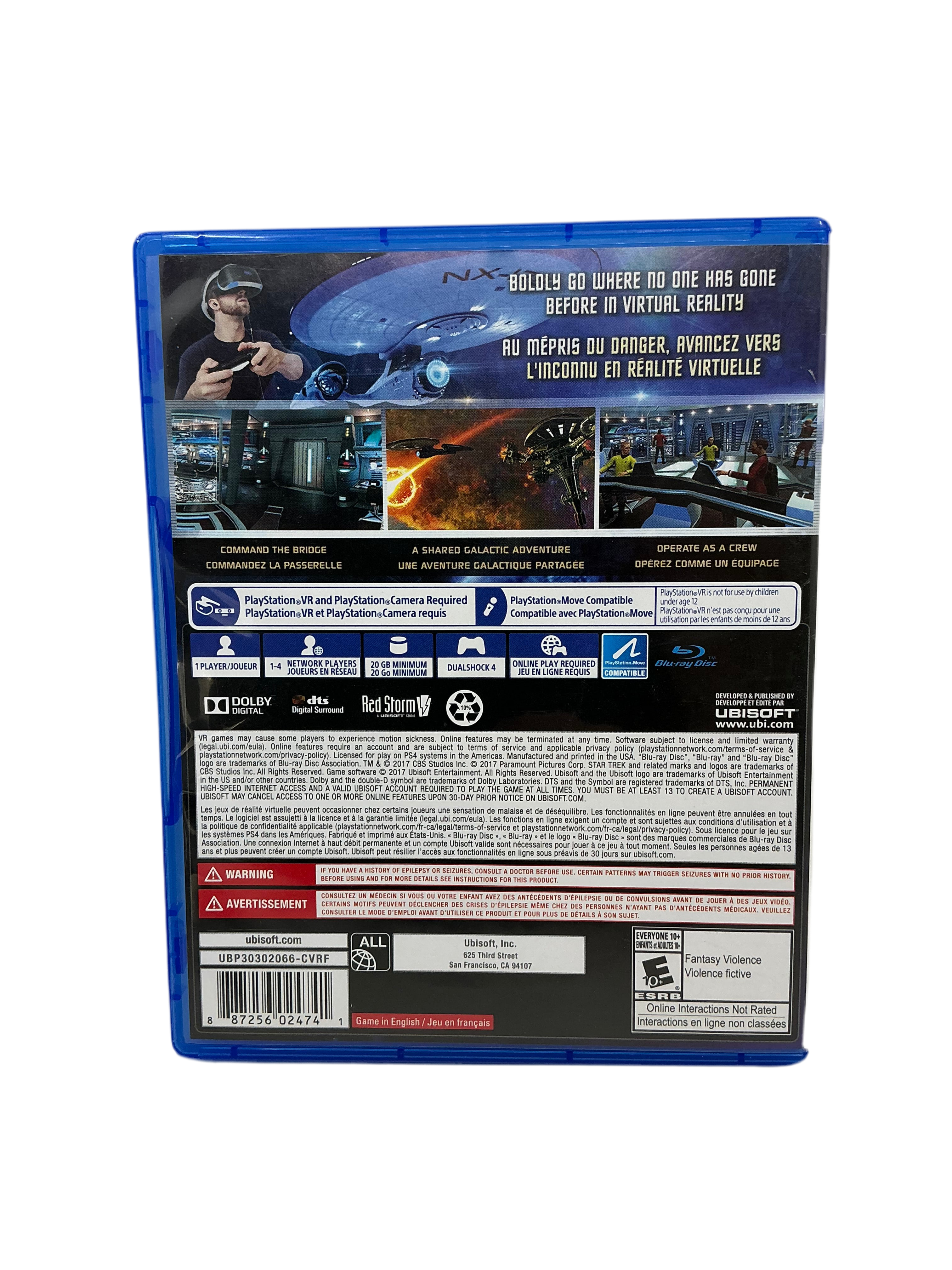 Back of Star Trek Bridge Crew game case with blue border and text on a white background