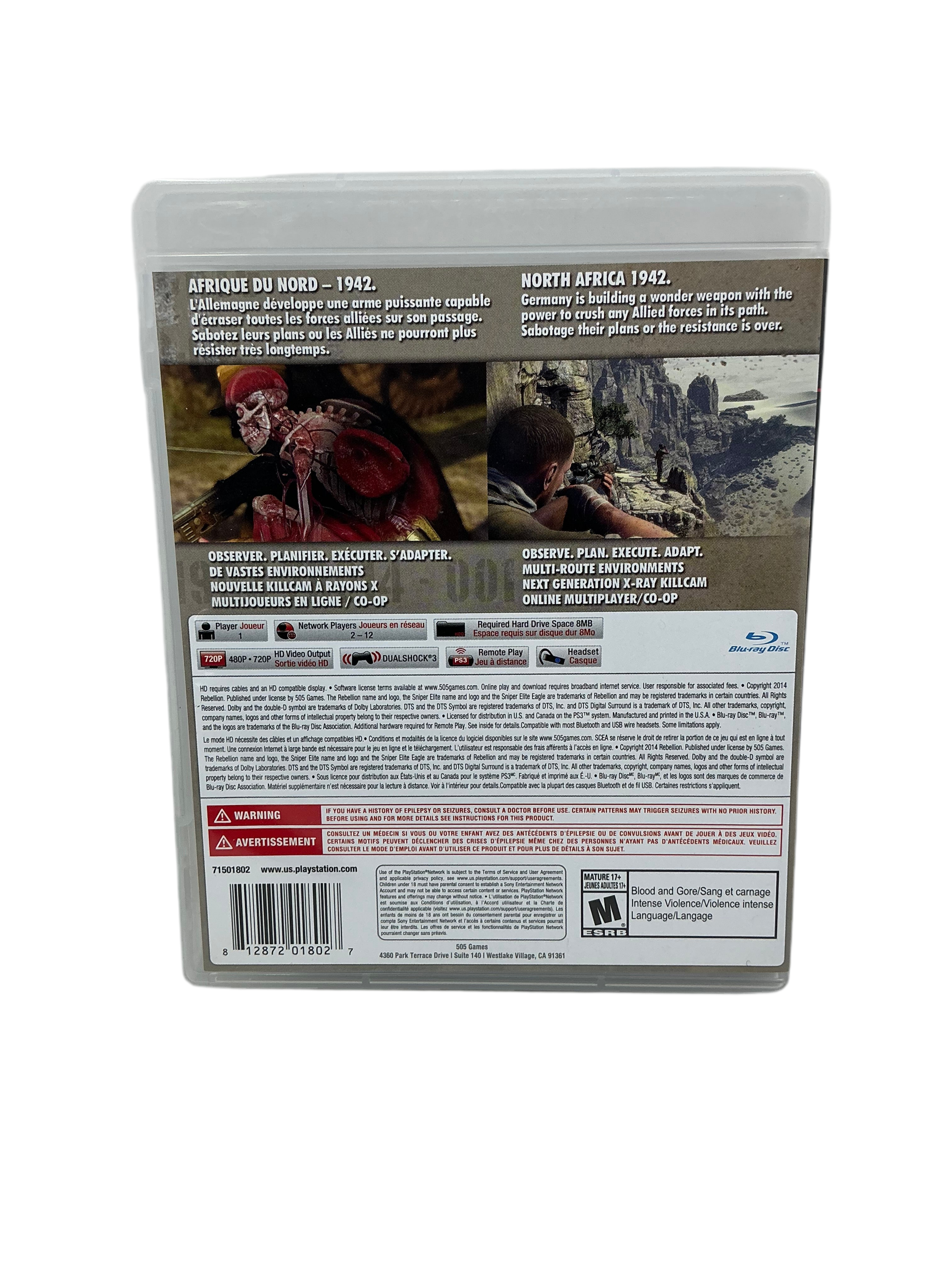 Back of Sniper Elite III game disc case with scenes and text on a white background.