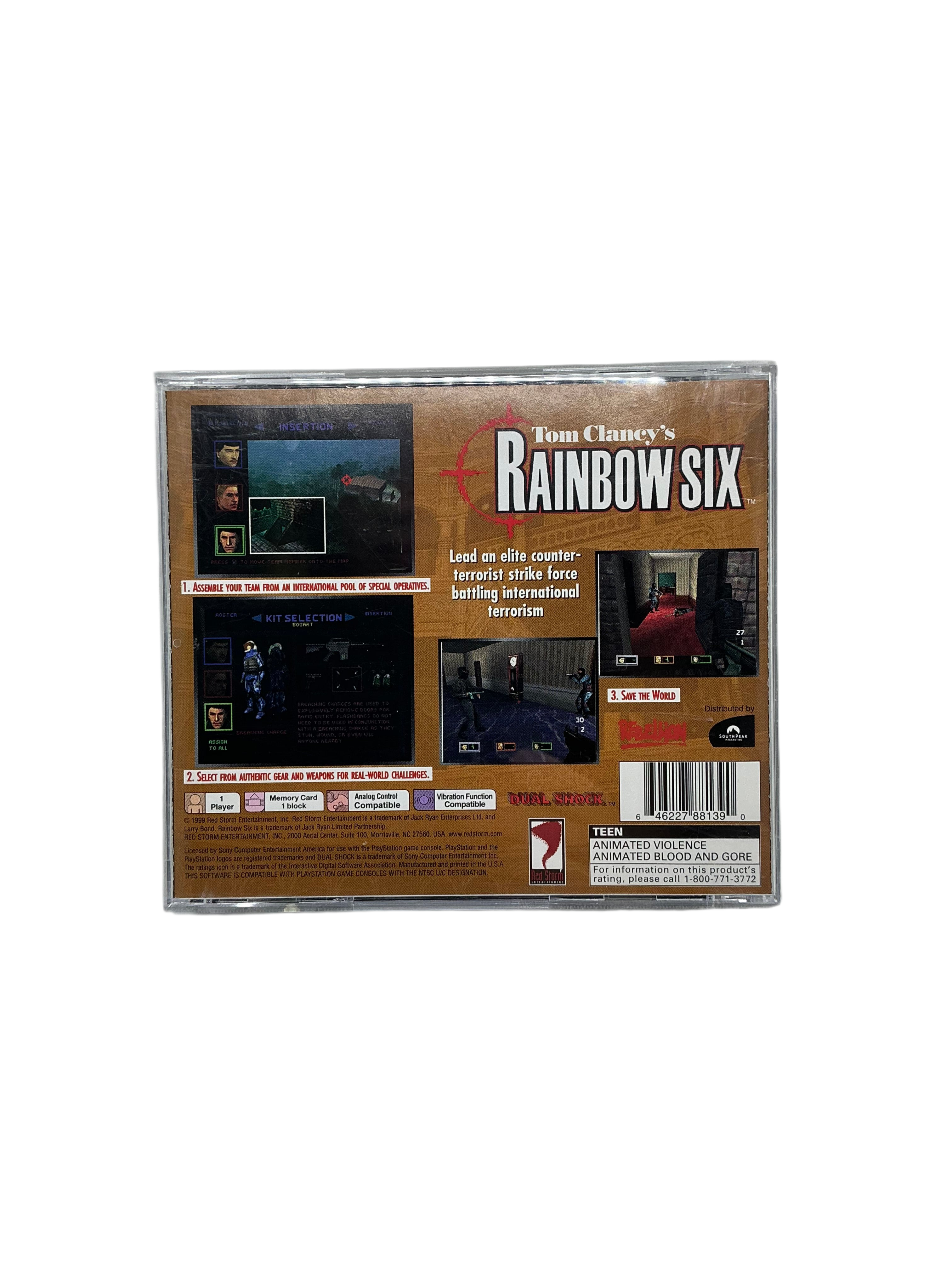 Back cover of Rainbow Six disc case for Playstation.
