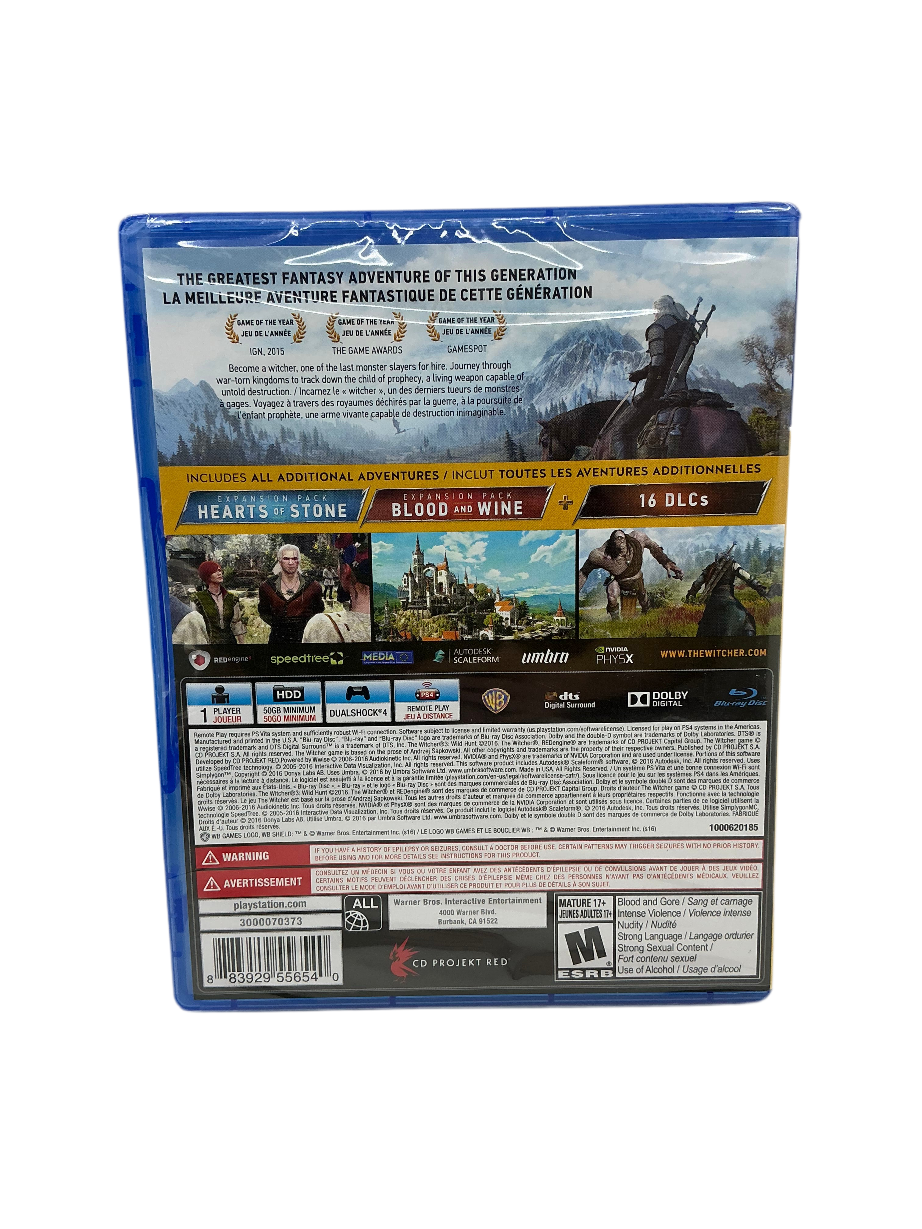 Back cover of The Witcher III video game disc with graphics and text on a transparent background