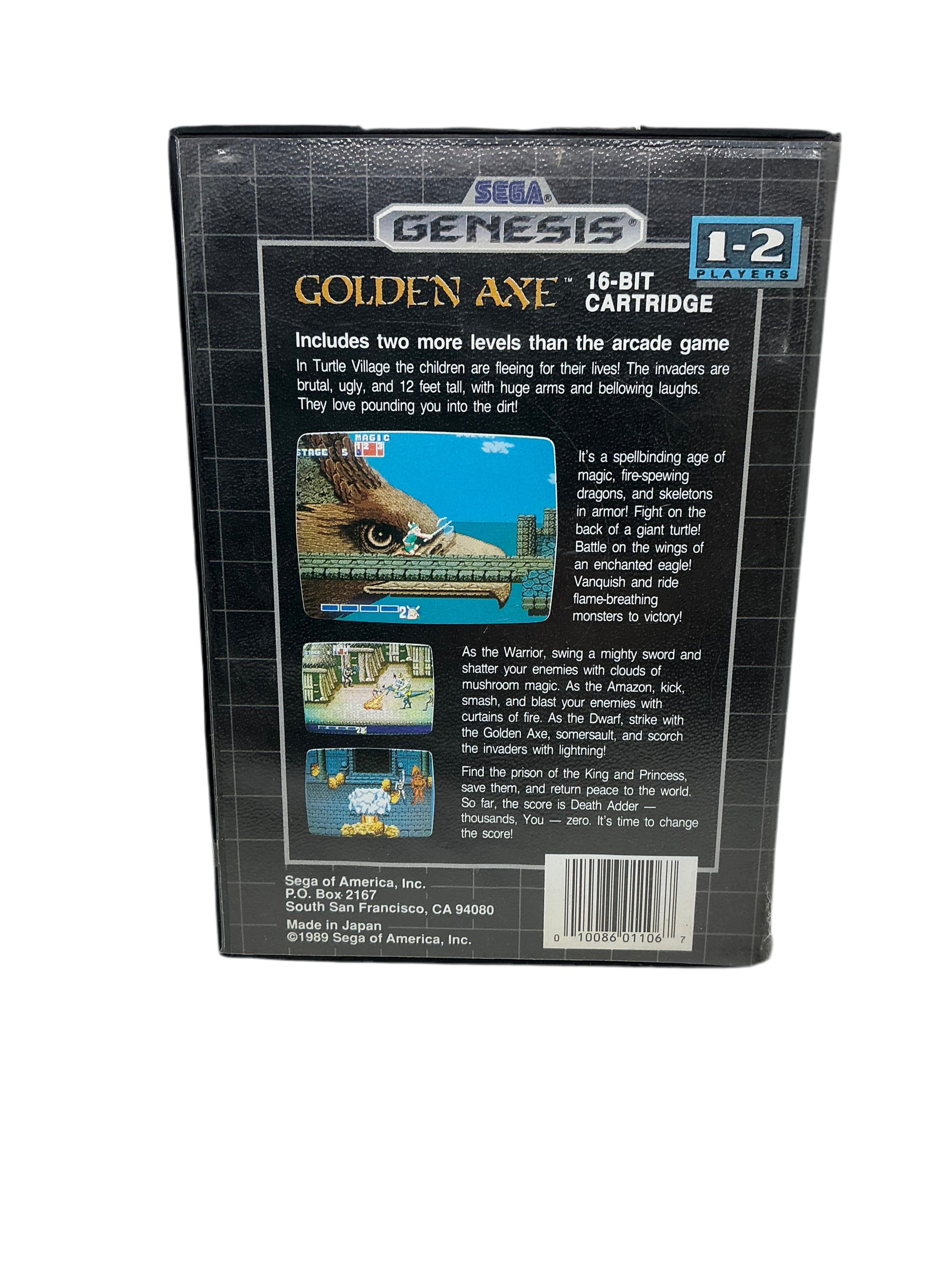 Back of Golden Axe game case for Sega Genesis on a transparent background.