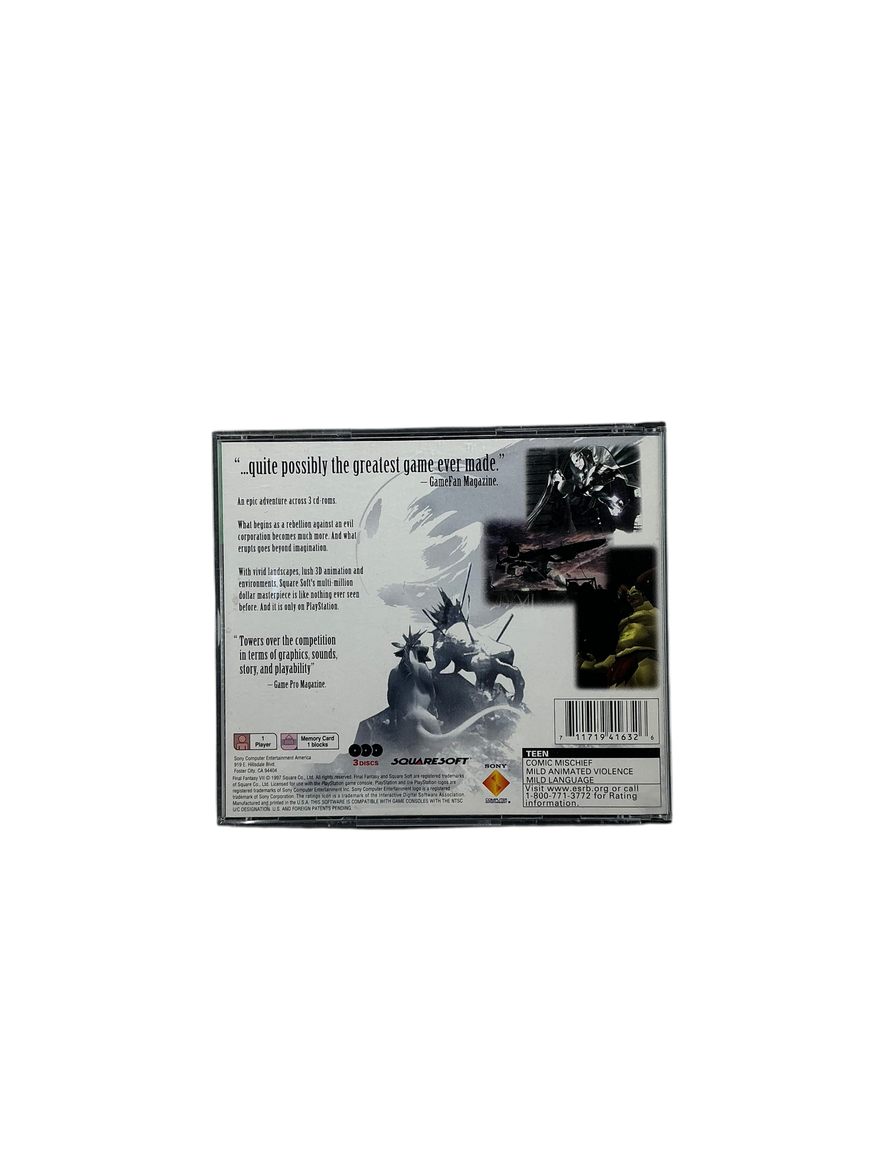 Back cover of the game case for Final Fantasy VII on playstation.