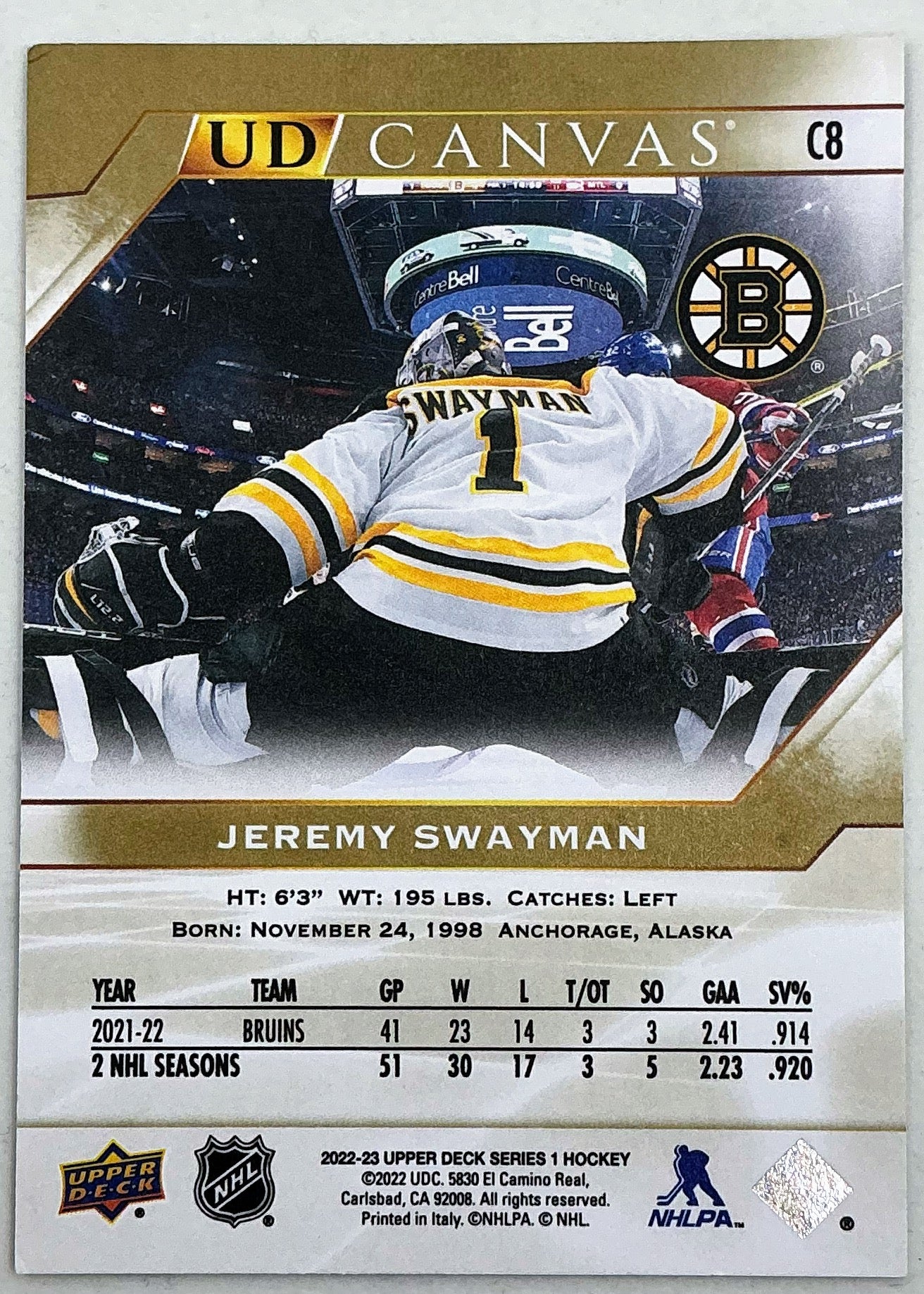 2022-2023 UD Canvas Series 1 Jeremy Swayman #C8