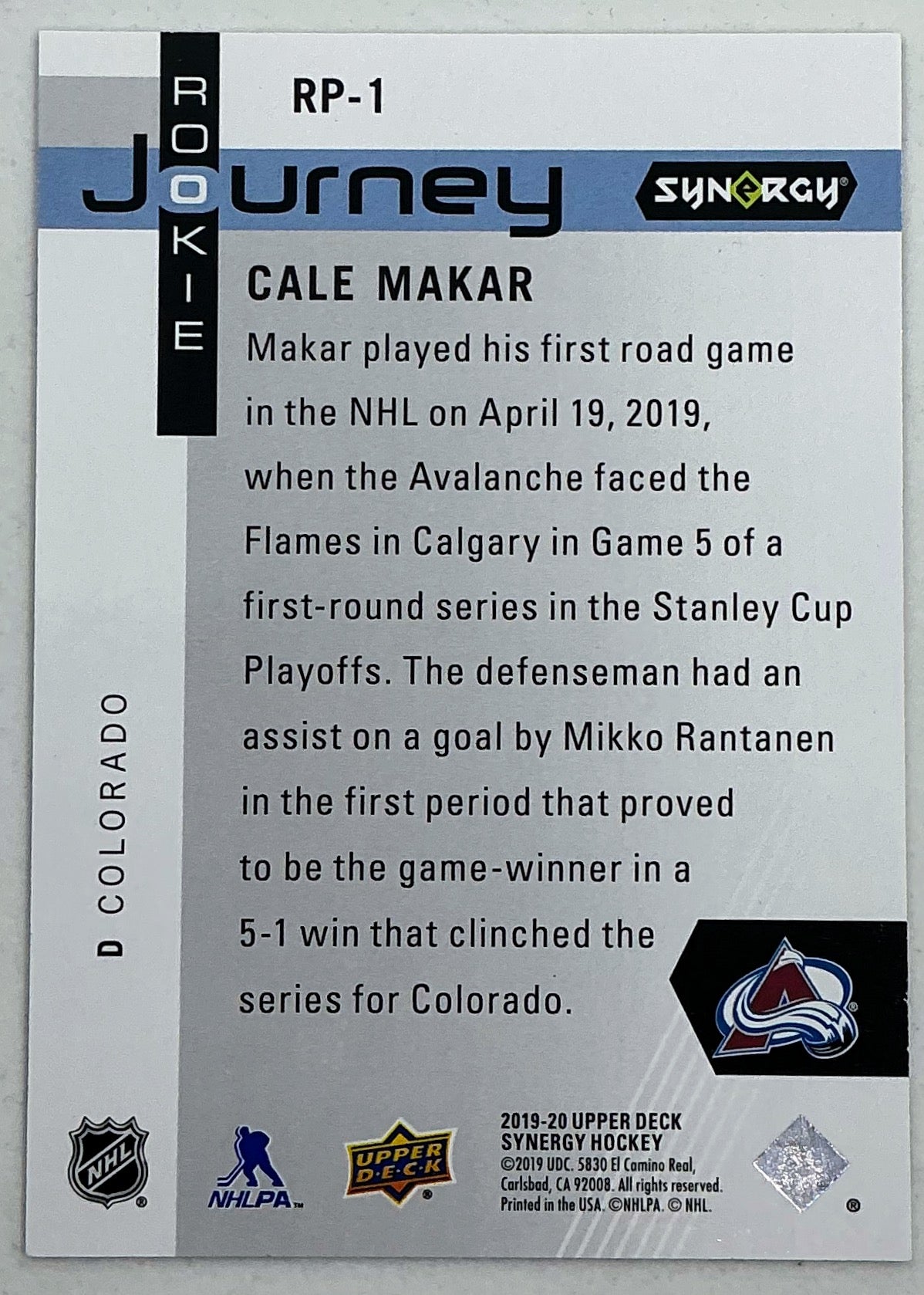 2019-2020 UD Synergy Rookie Journey Cale Makar #RP-1 /899