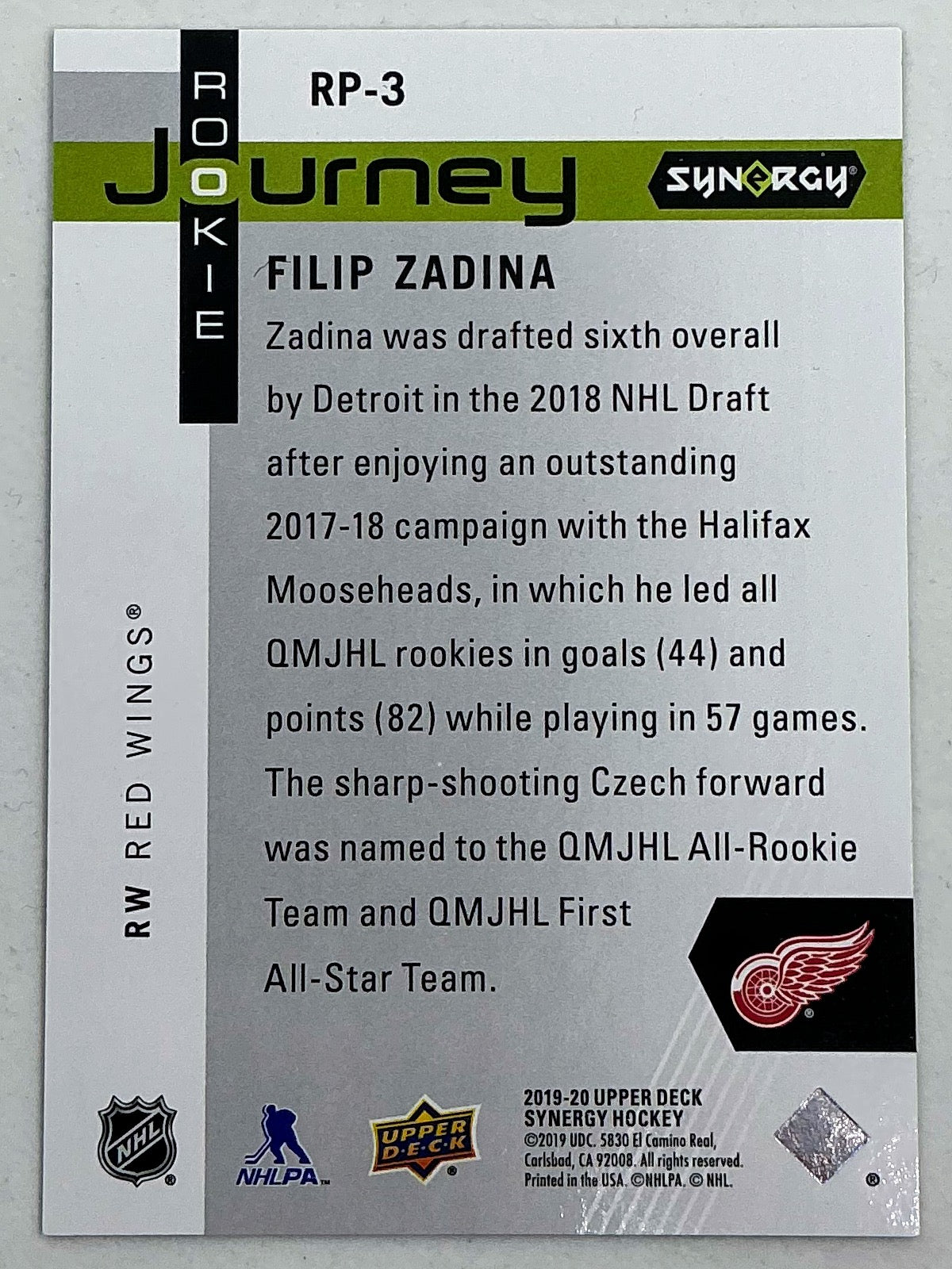 2019-2020 UD Synergy Rookie Journey Filip Zadina #RP-3 /999