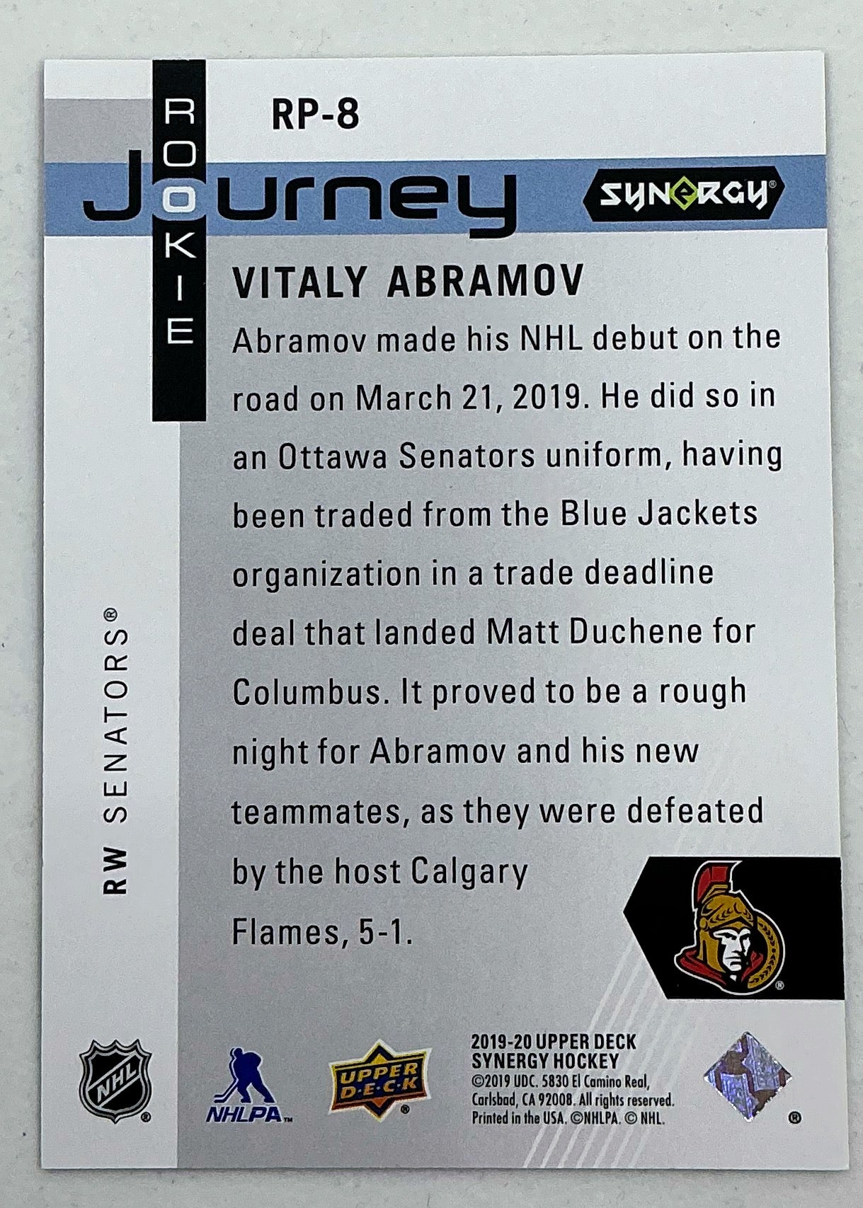 2019-2020 UD Synergy Rookie Journey Vitaly Abramov #RP-8 /899