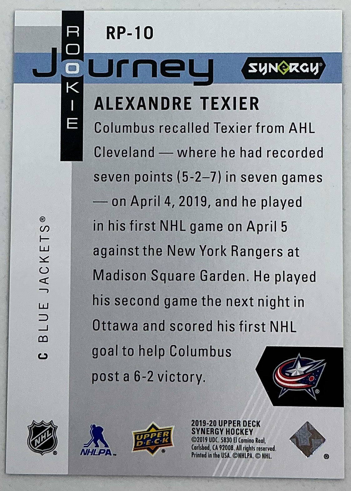 2019-2020 UD Synergy Rookie Journey Alexandre Texier #RP-10 /899