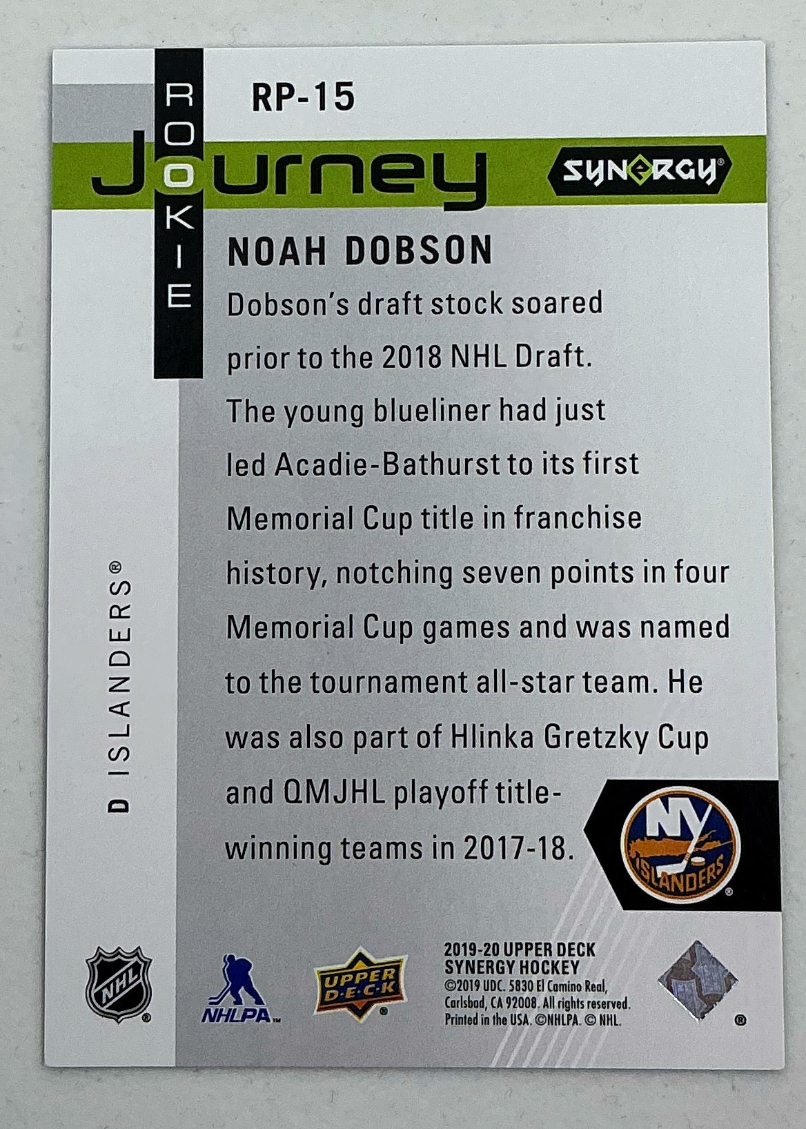 2019-2020 UD Synergy Rookie Journey Noah Dobson #RP-15 /999