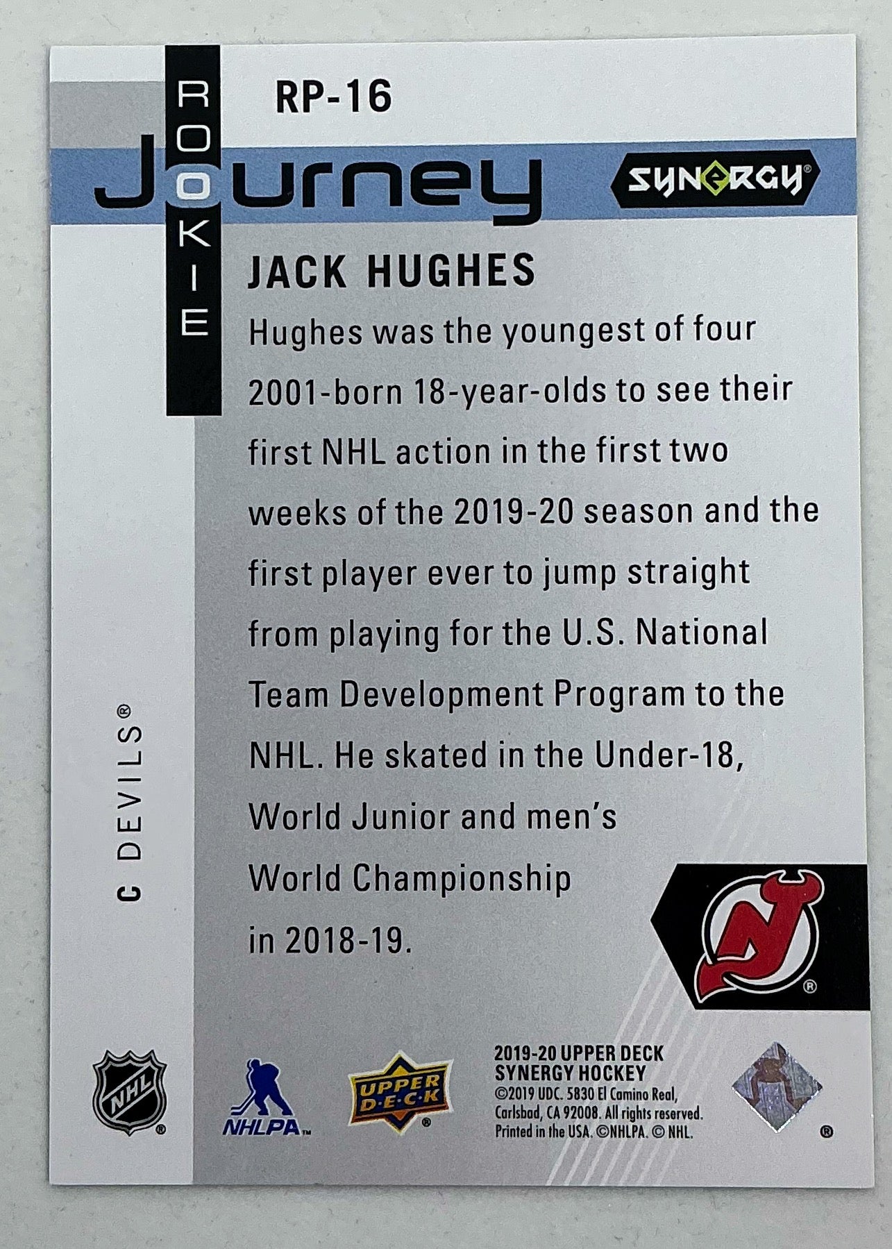 2019-2020 UD Synergy Rookie Journey Jack Hughes #RP-16 /899