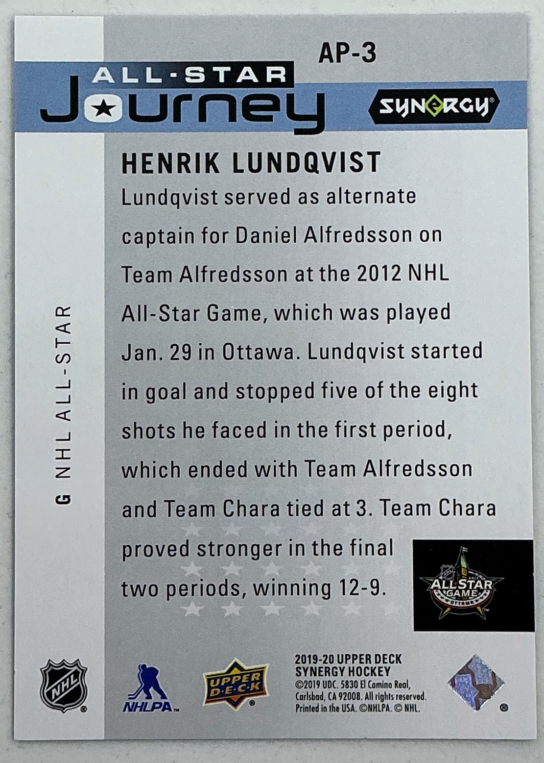 2019-2020 UD Synergy All-Star Journey Henrik Lundqvist #AP-3 /899
