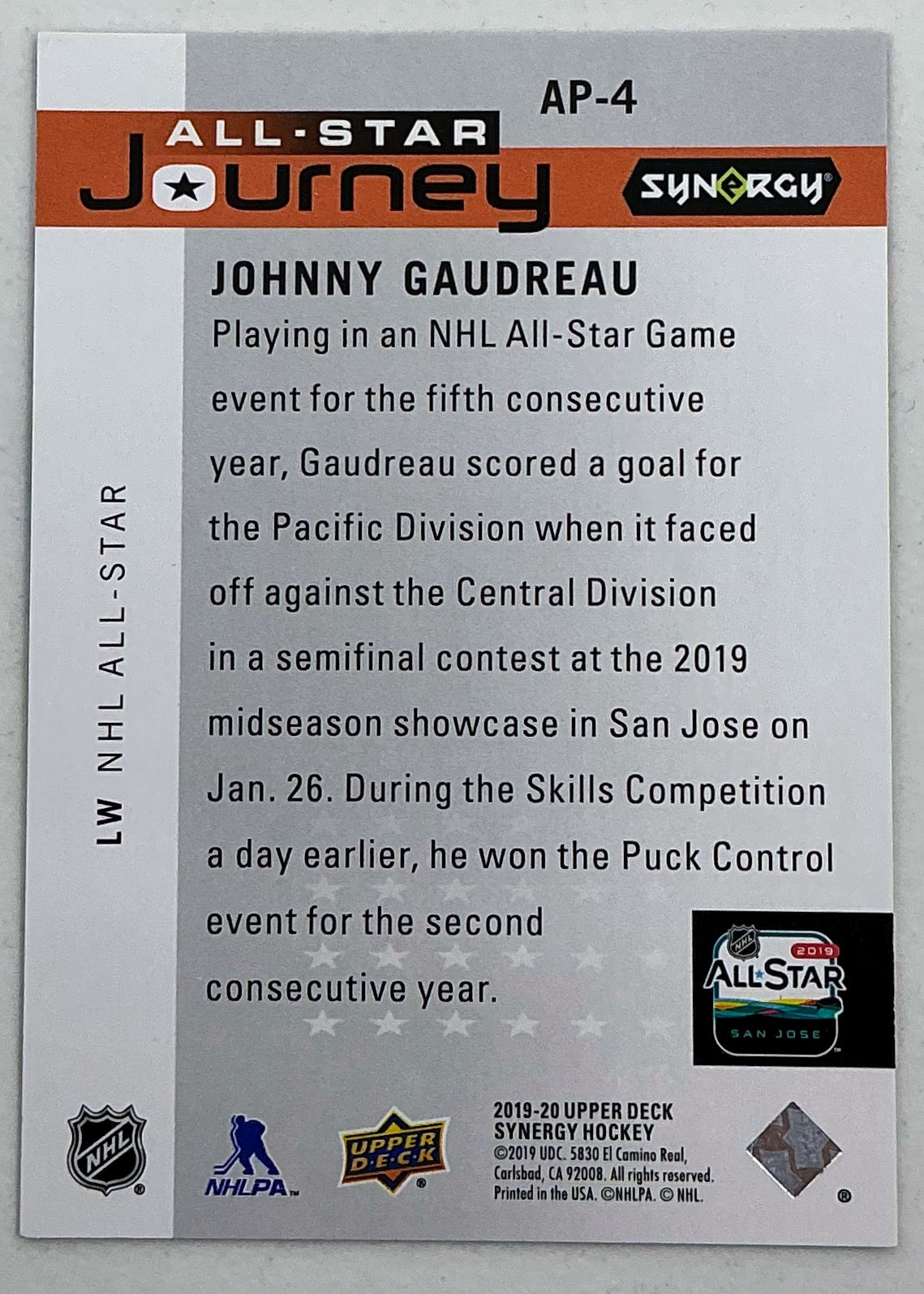2019-2020 UD Synergy All-Star Journey Johnny Gaudreau #AP-4 /799