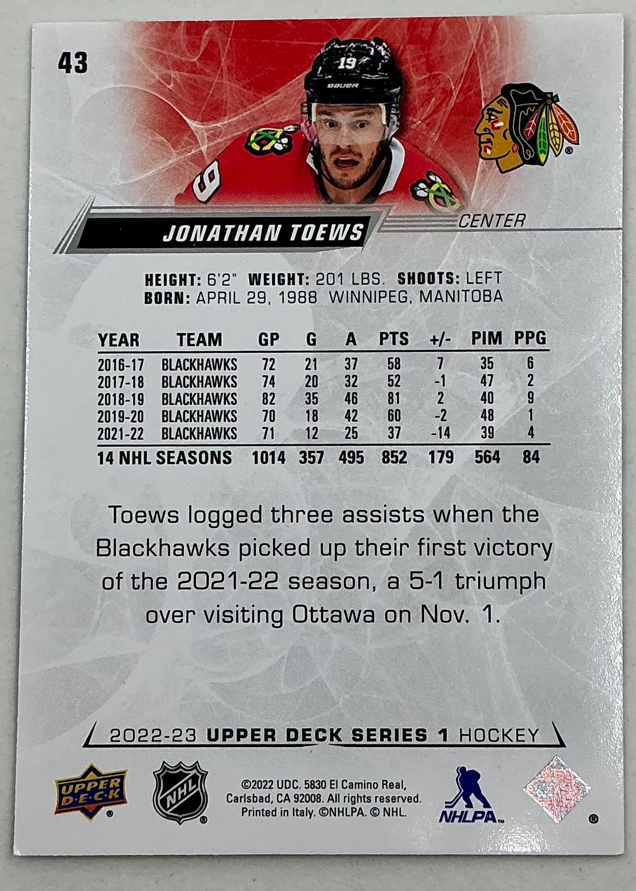 2022-2023 NHL Series 1 Jonathan Toews