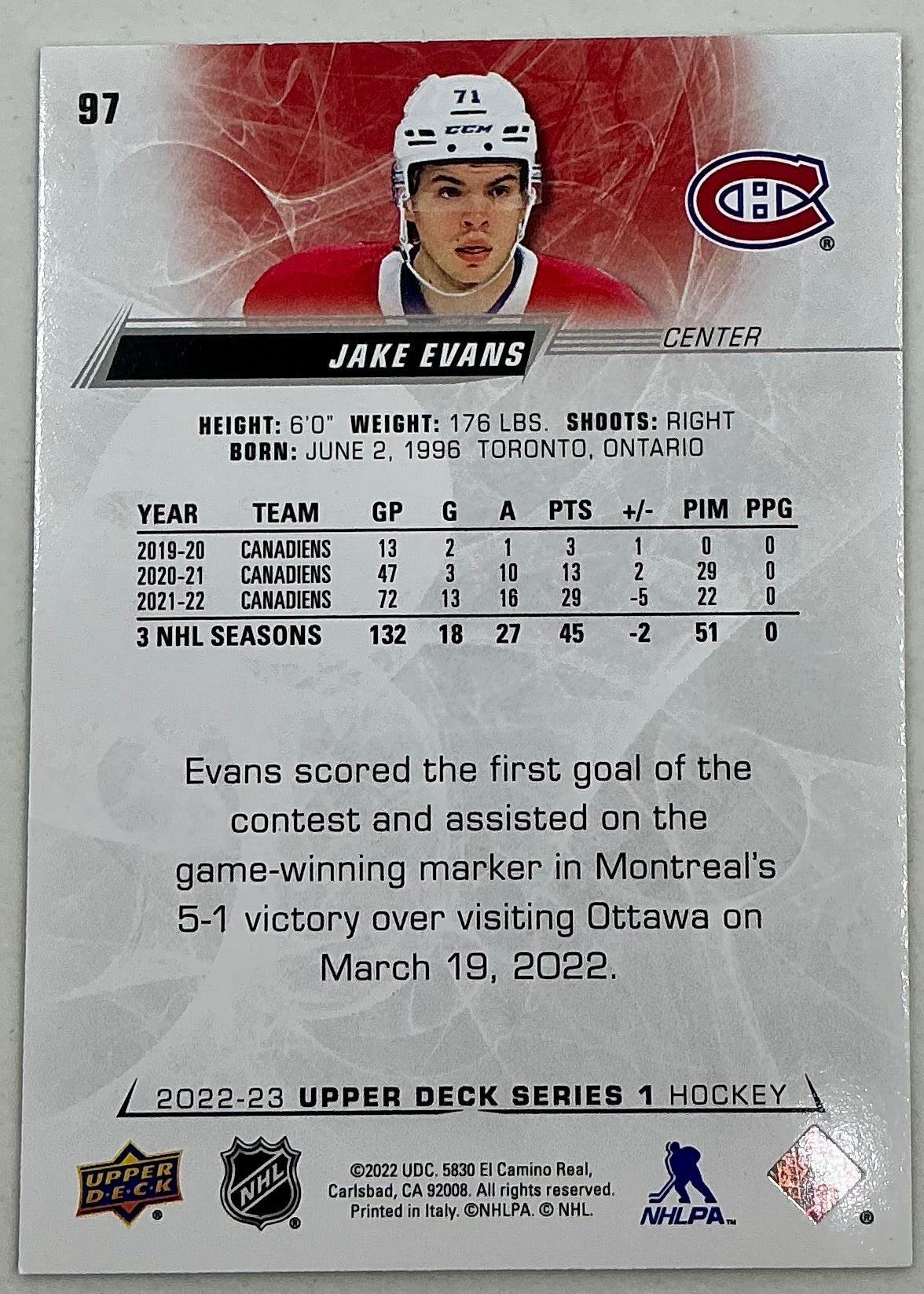 2022-2023 NHL Series 1 Jake Evans