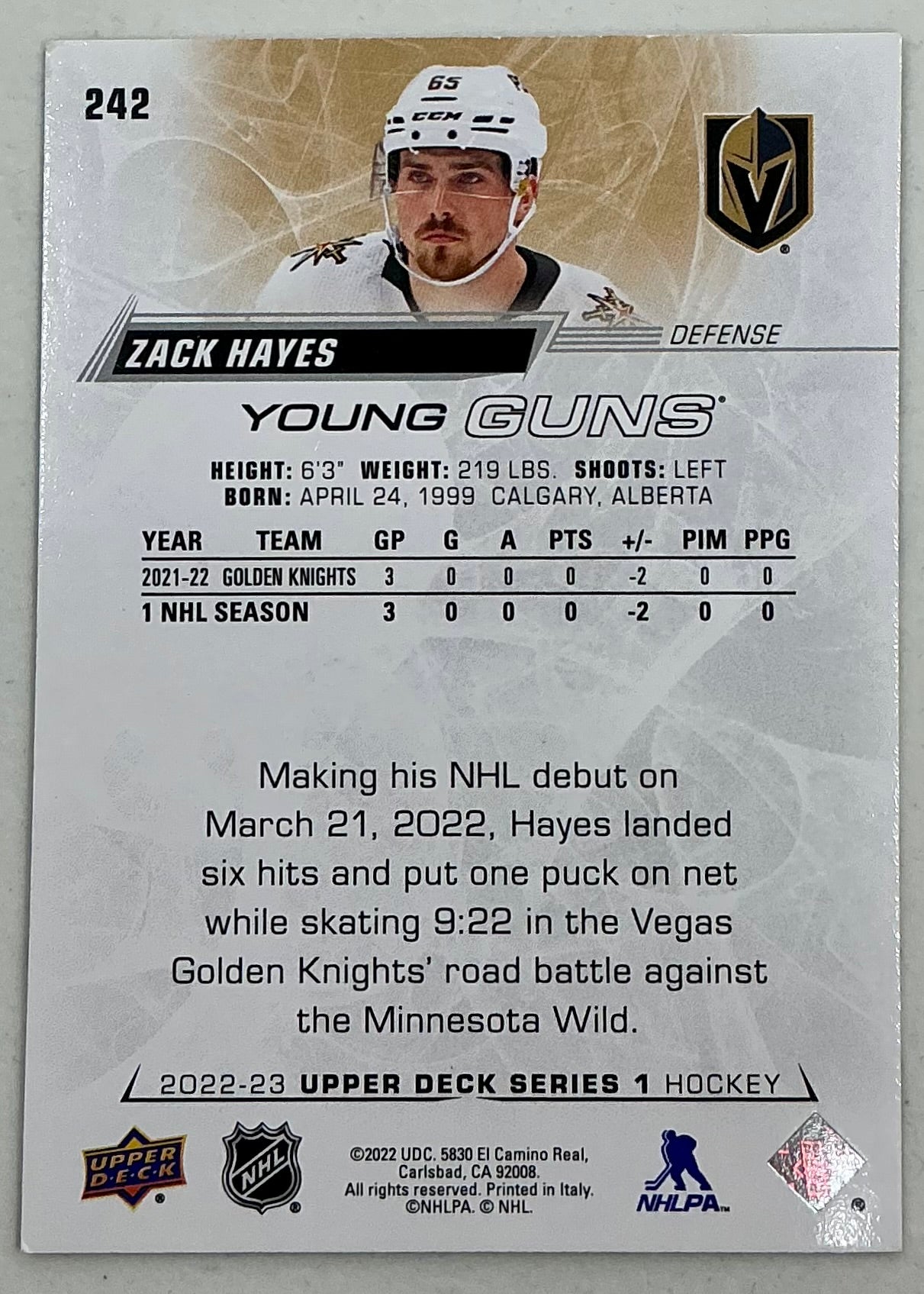 2022-2023 NHL Series 1 YG Zack Hayes
