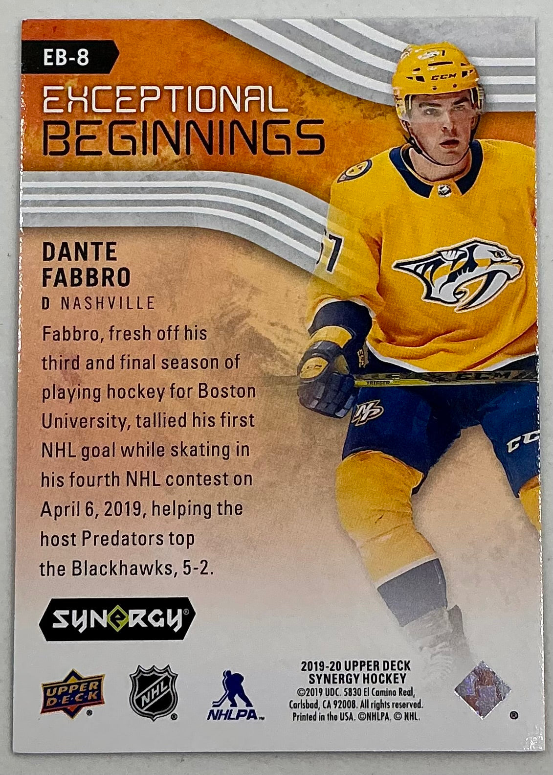 2019-2020 UD Exceptional Beginnings Dante Fabbro #EB-8 /399