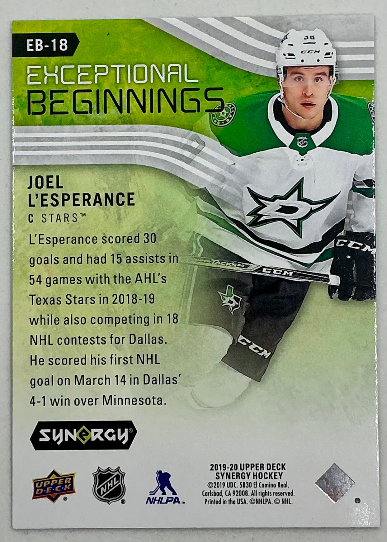 2019-2020 UD Exceptional Beginnings Joel L’Esperance #EB-18 /999