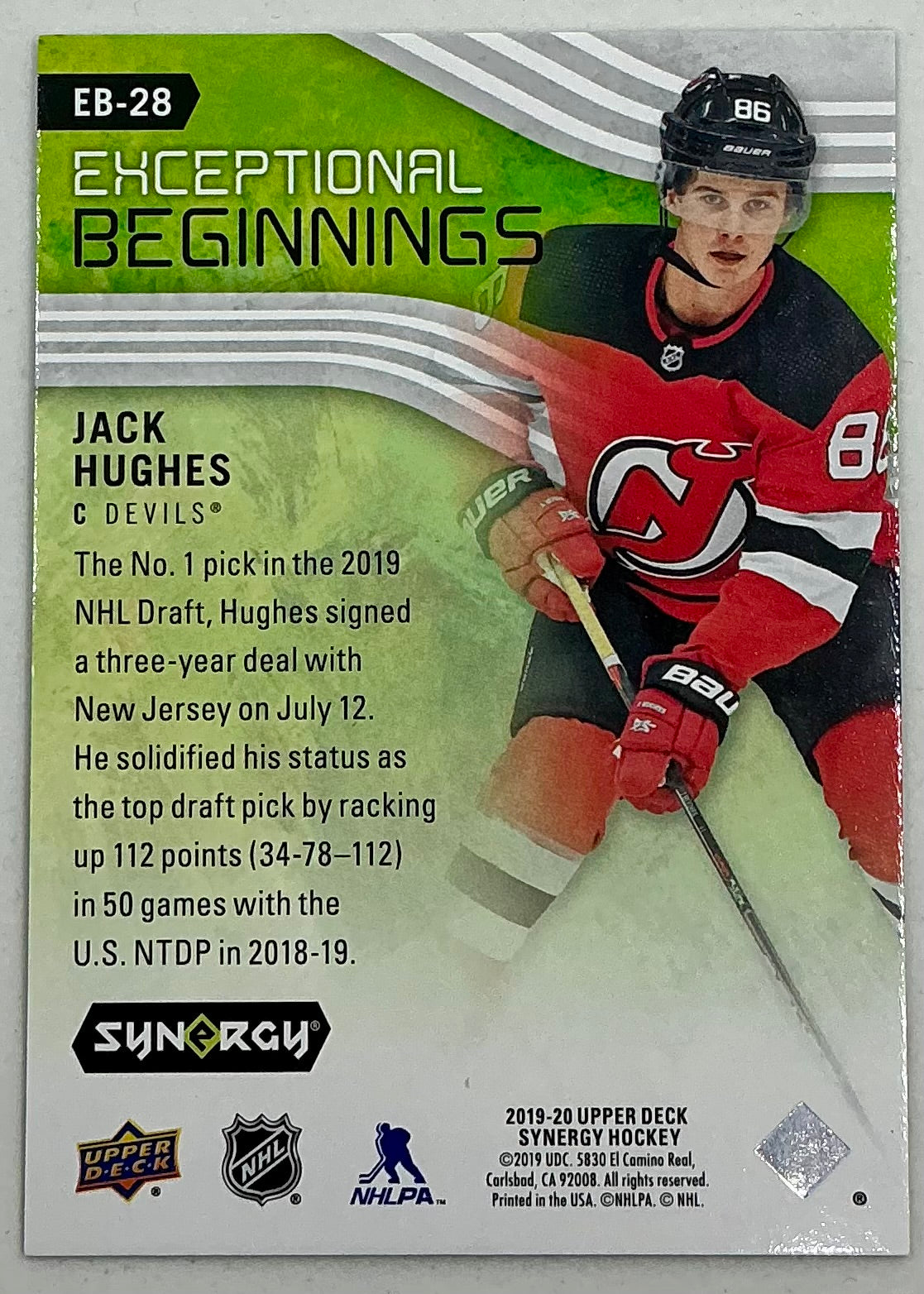 2019-2020 UD Exceptional Beginnings Jack Hughes #EB-28 /999