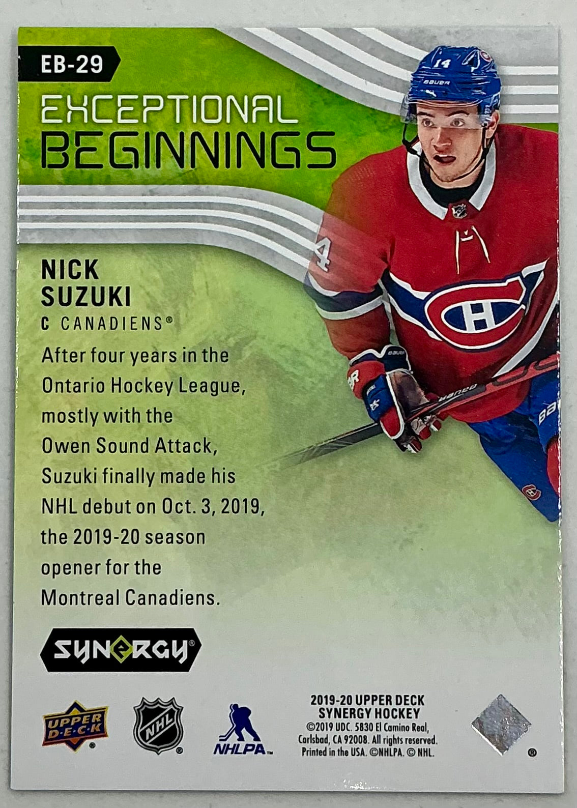 2019-2020 UD Exceptional Beginnings Nick Suzuki #EB-29 /999
