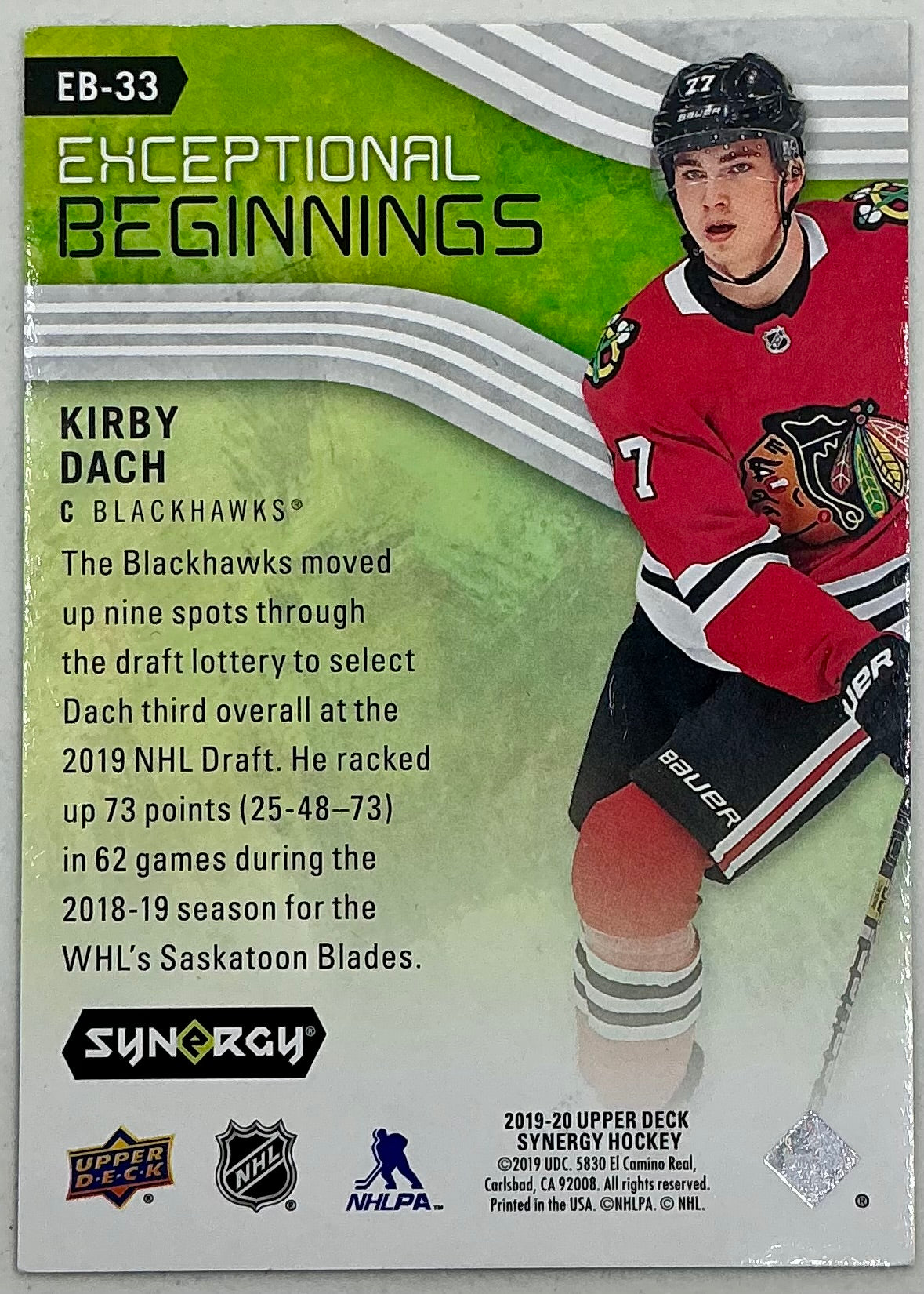 2019-2020 UD Exceptional Beginnings Kirby Dach #EB-33 /999