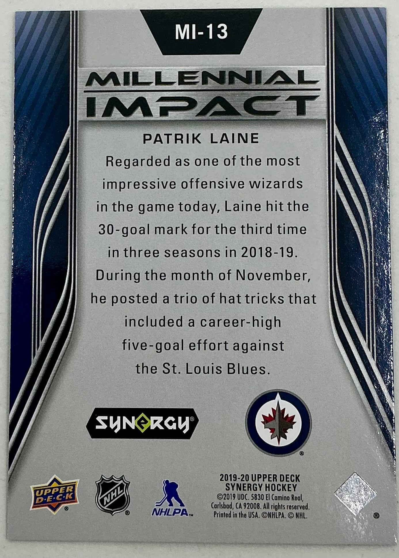 2019-2020 UD Millennial Impact Patrik Laine #MI-13