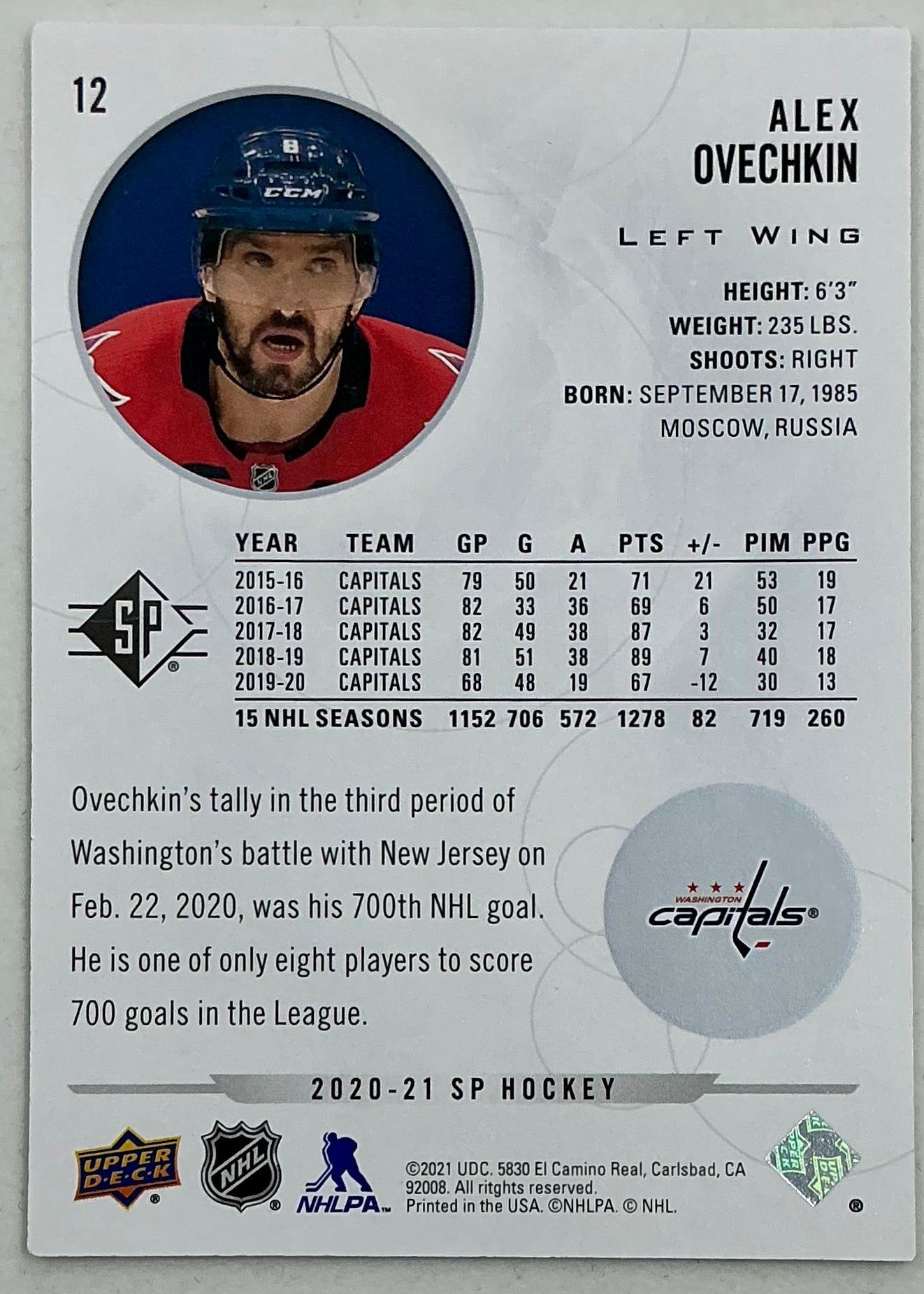 2020-2021 SP Authentic Alex Ovechkin #12