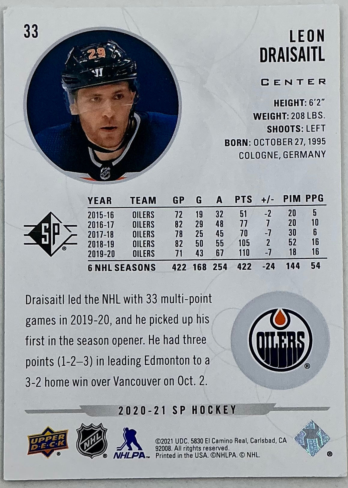 2020-2021 SP Authentic Leon Draisaitl #33