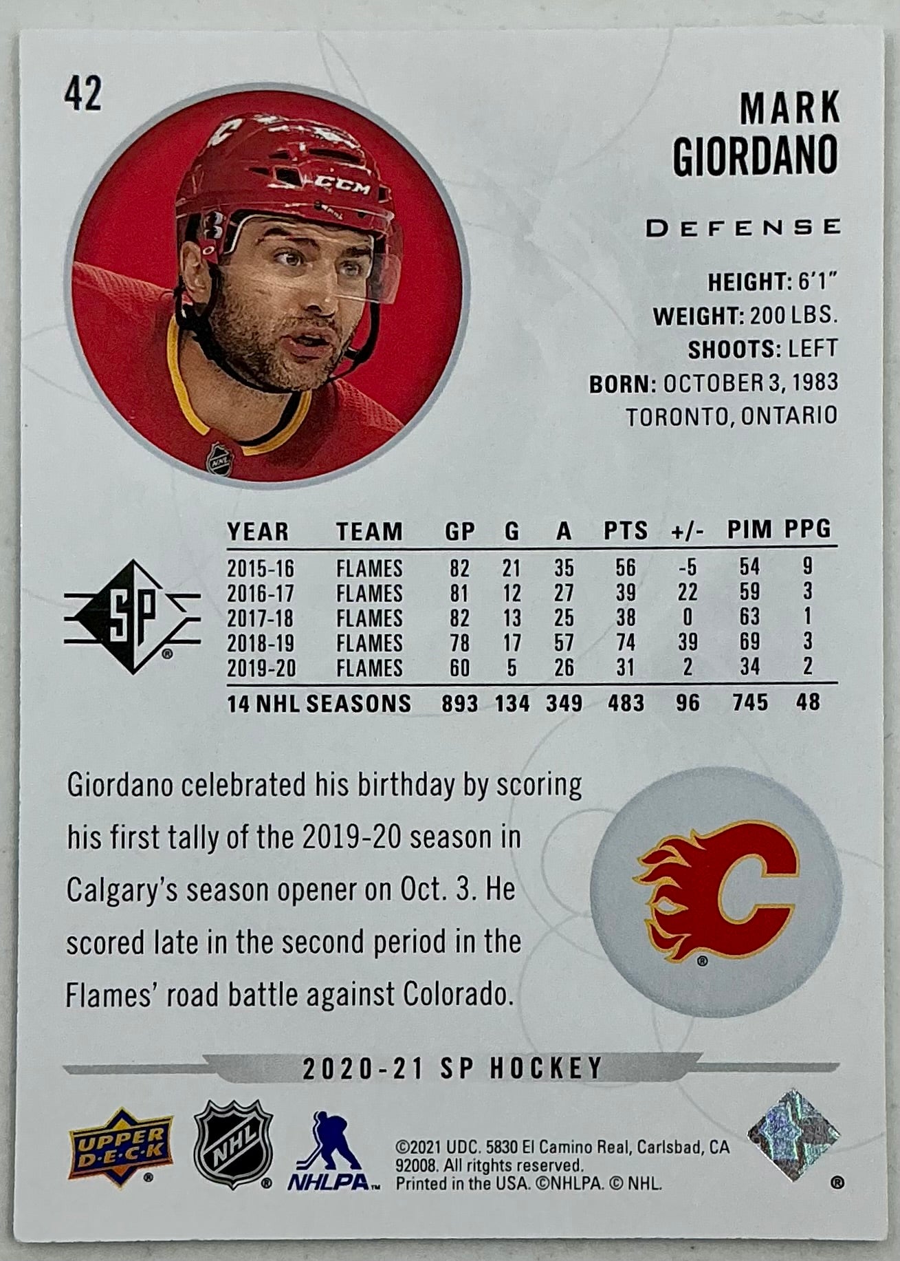 2020-2021 SP Authentic Mark Giordano #42