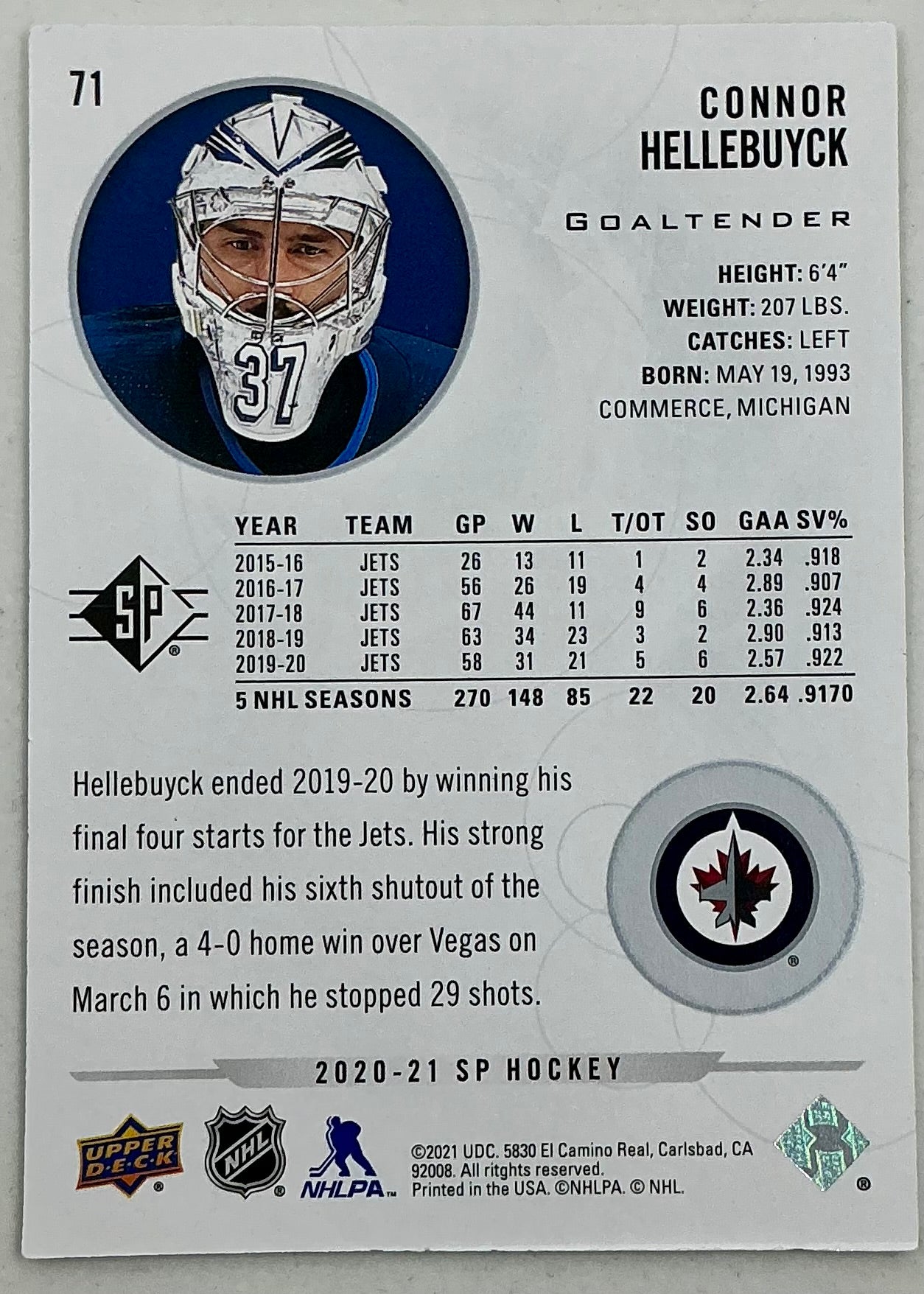2020-2021 SP Authentic Connor Hellebuyck #71