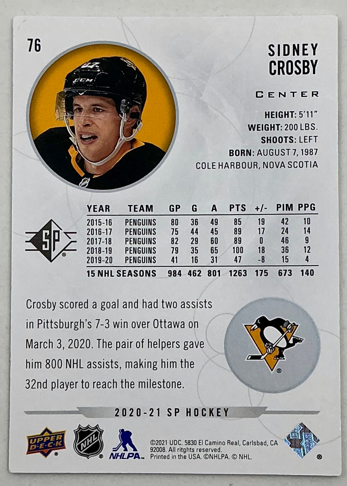 2020-2021 SP Authentic Sidney Crosby #76