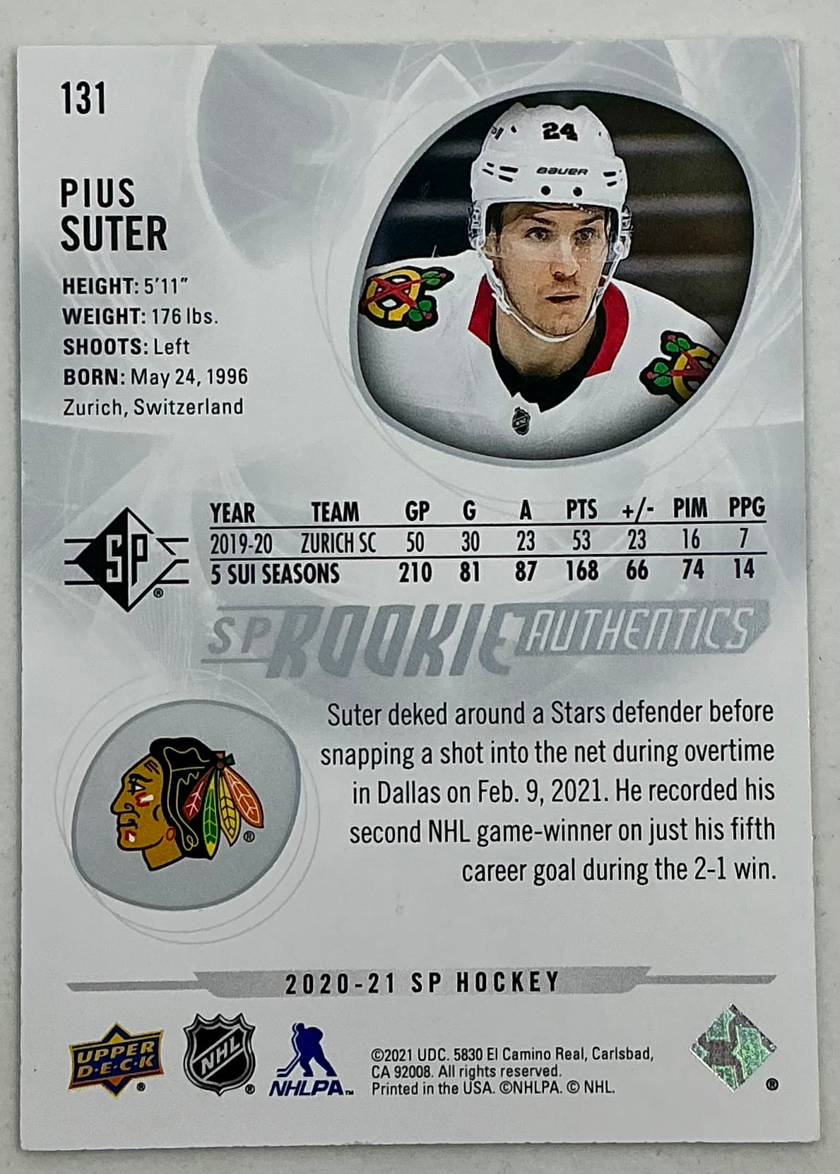 2020-2021 SP Rookie Authentic Pius Suter #131