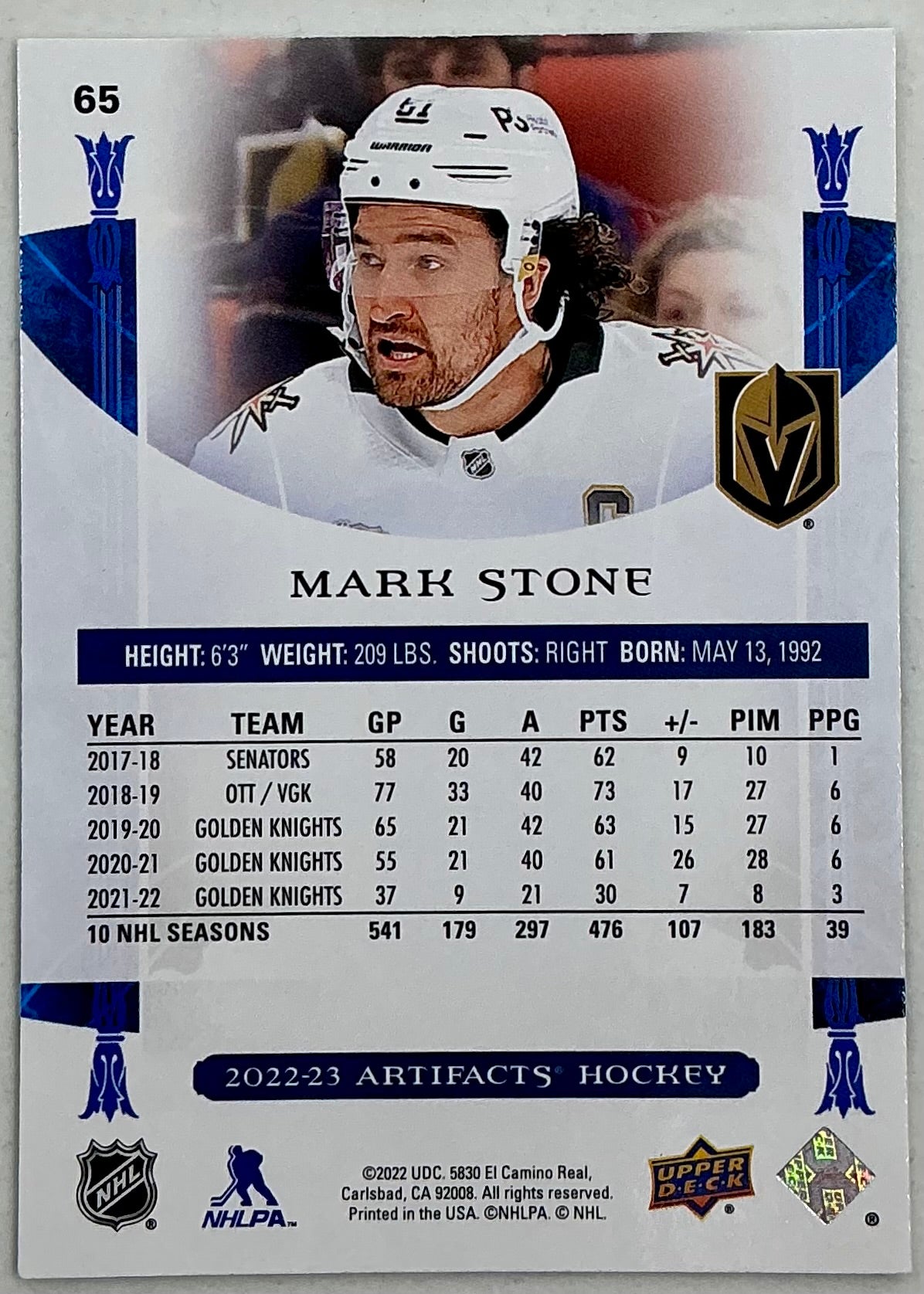 2022-2023 UD Artifacts Mark Stone #65