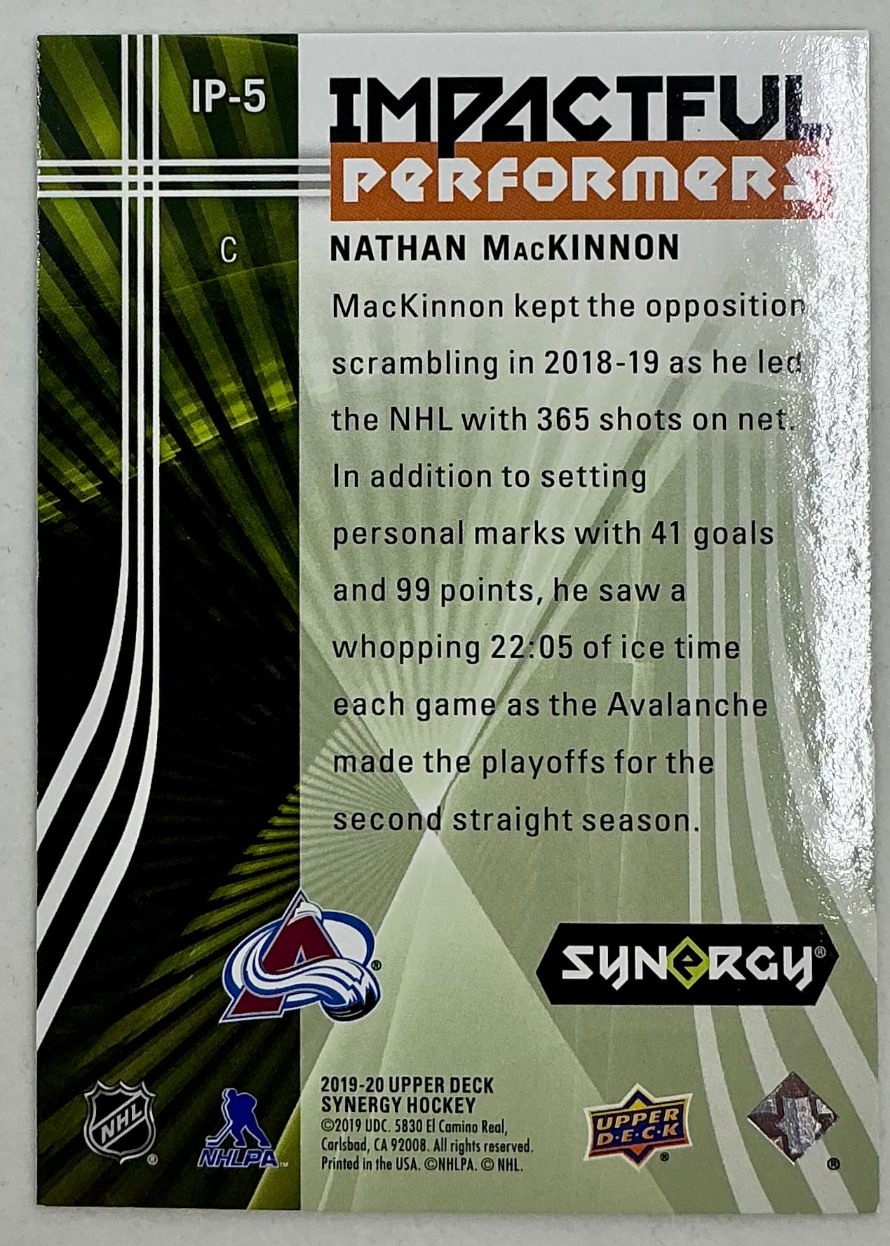 2019-2020 UD Impactful Performers Nathan MacKinnon #IP-5