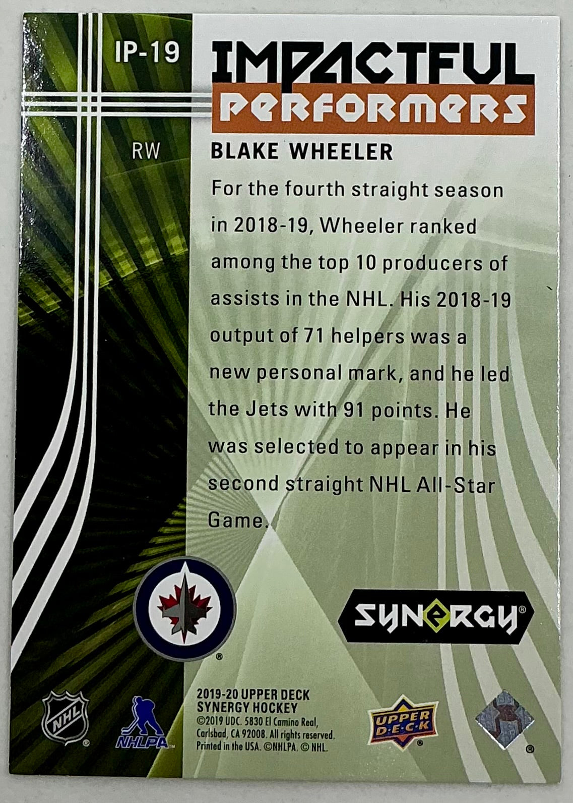 2019-2020 UD Impactful Performers Blake Wheeler #IP-19