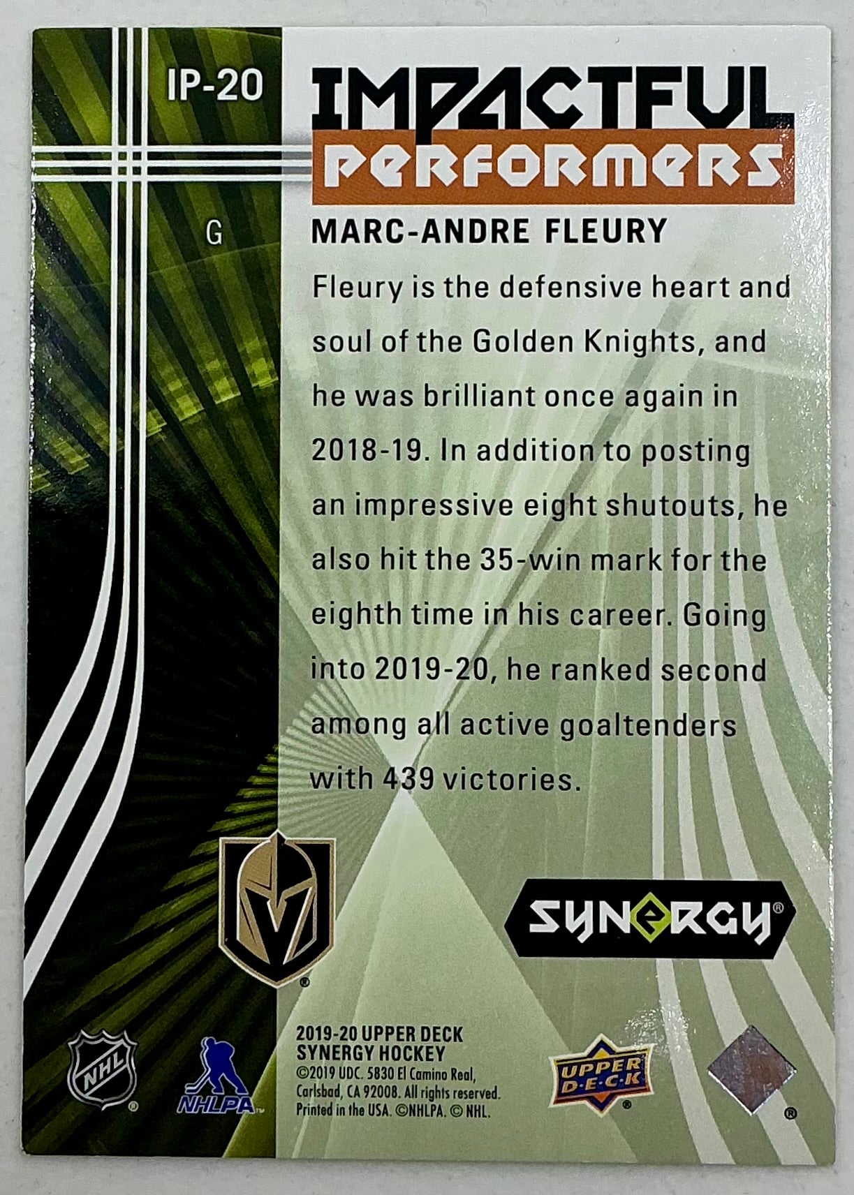 2019-2020 UD Impactful Performers Marc-Andre Fleury #IP-20