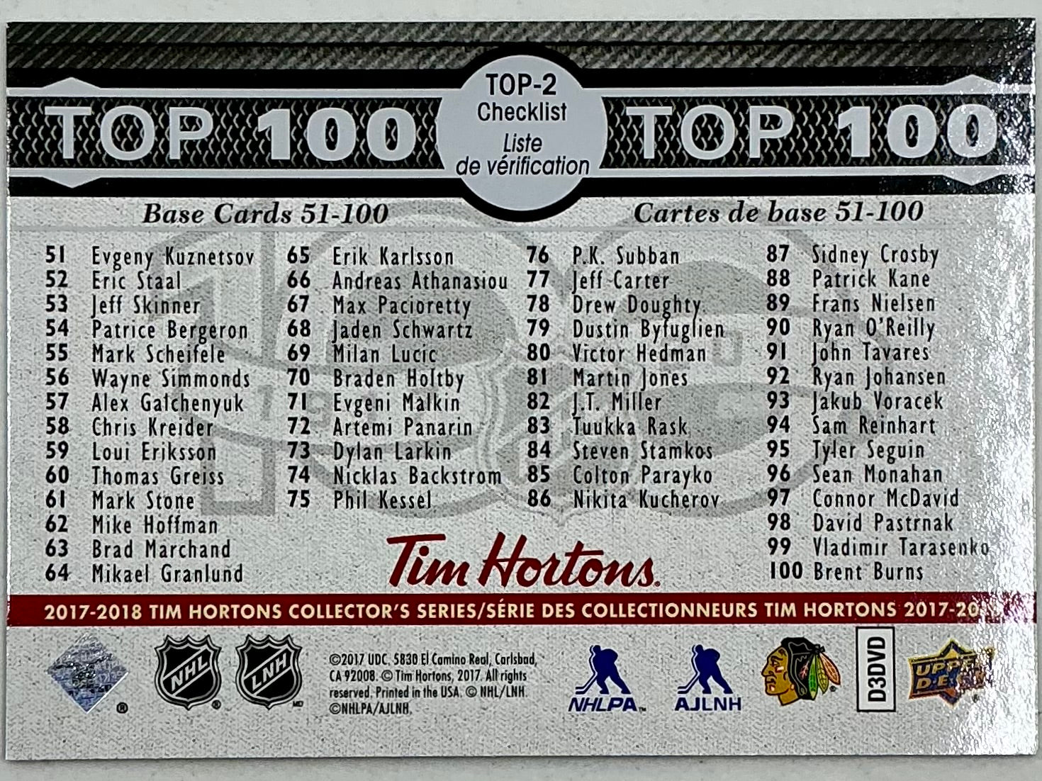 2017-2018 UD Tim Hortons Top 100 Jonathan Toews