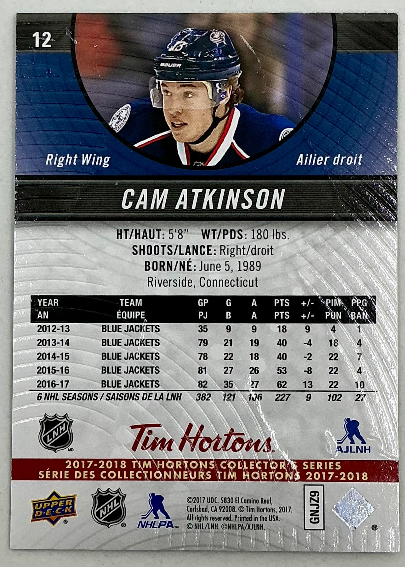 2017-2018 UD Tim Hortons Cam Atkinson #12
