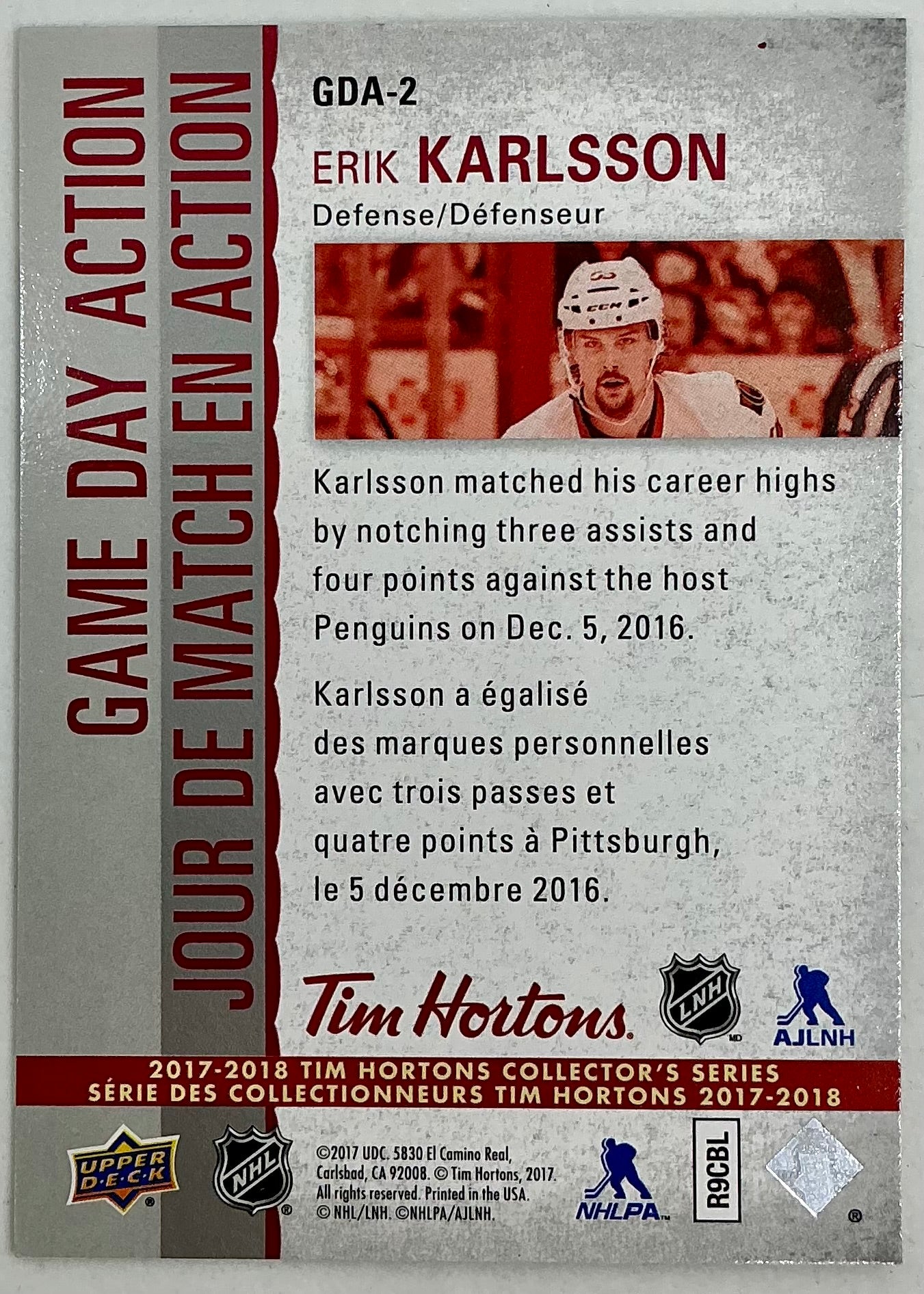 2017-2018 UD Tim Hortons Game Day Action Erik Karlsson GDA-2