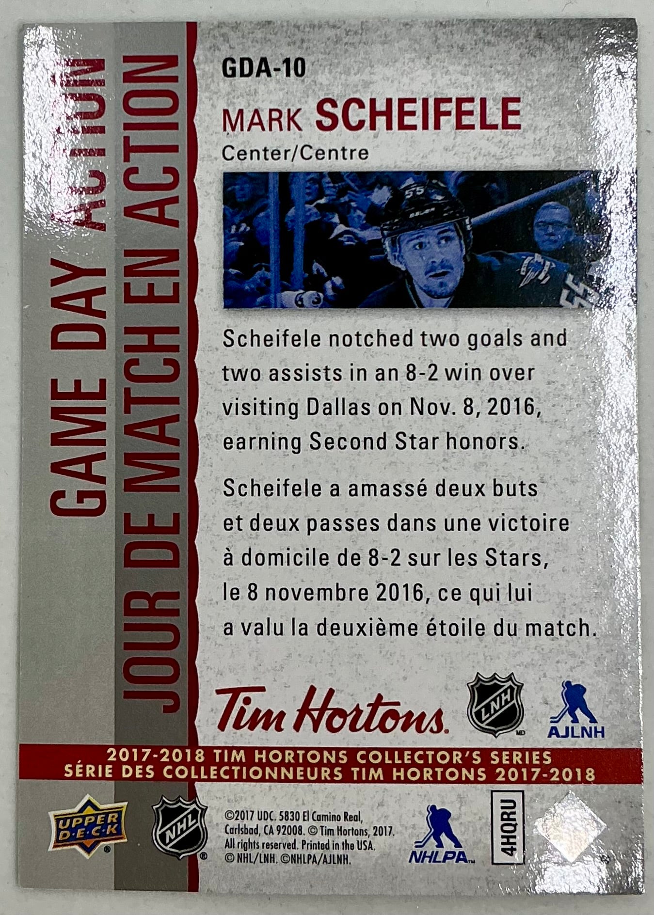 2017-2018 UD Tim Hortons Game Day Action Mark Scheifele GDA-10