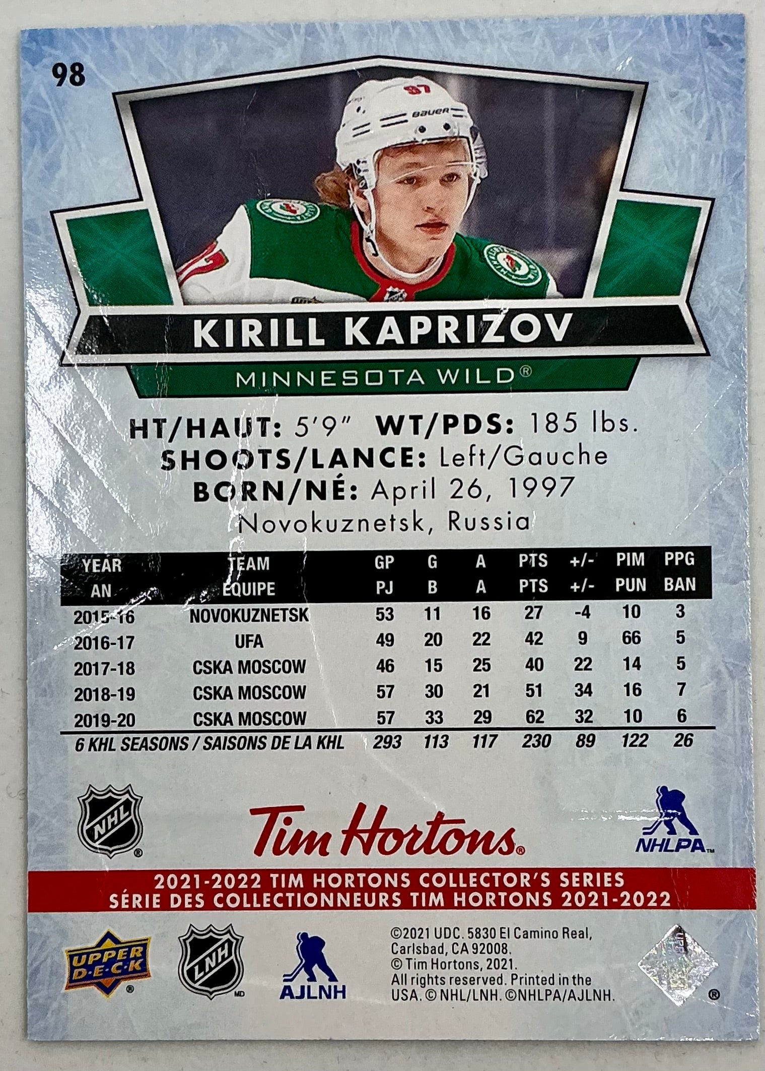 2021-2022 UD Tim Hortons Kirill Kaprizov #98