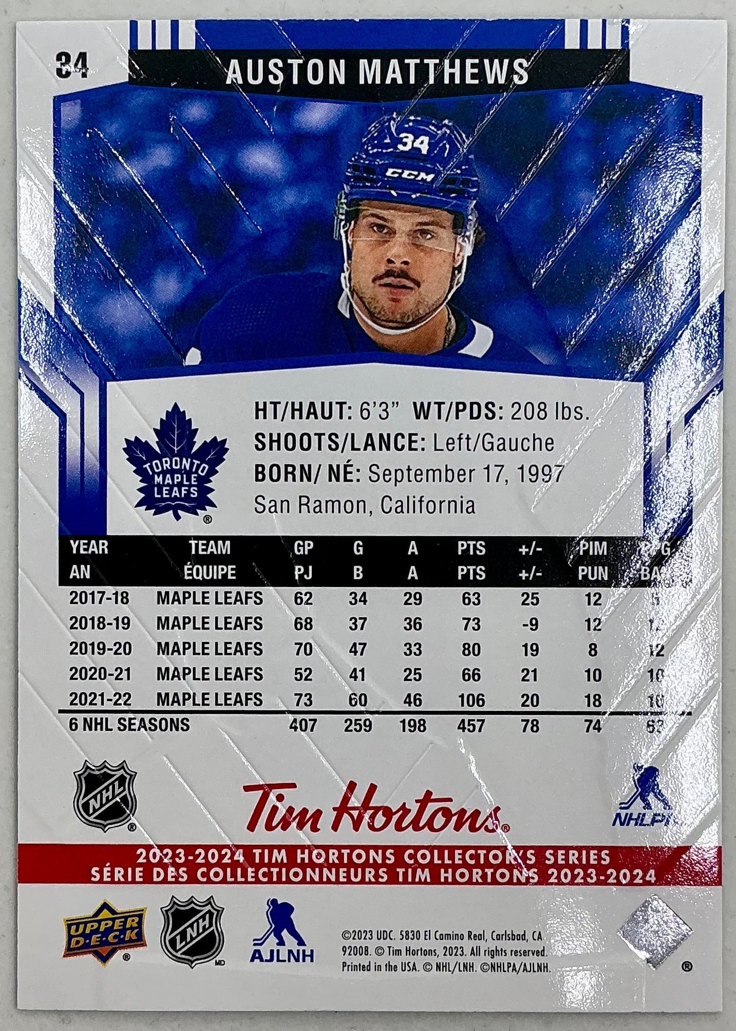 2023-2024 UD Tim Hortons Auston Matthews #34