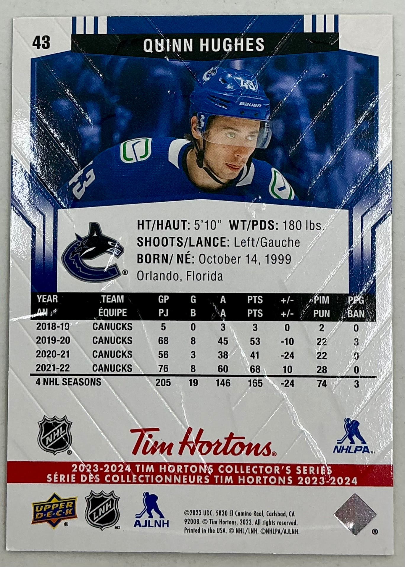 2023-2024 UD Tim Hortons Quinn Hughes #43