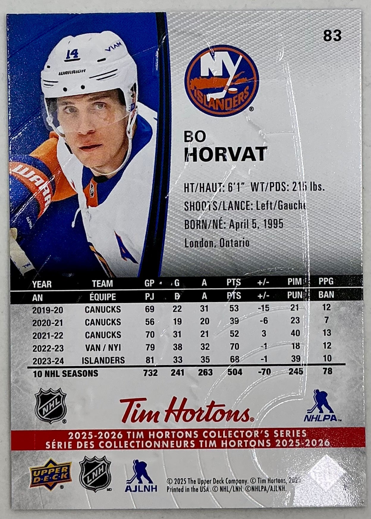 2025-2026 UD Tim Hortons Hockey Bo Horvat #83