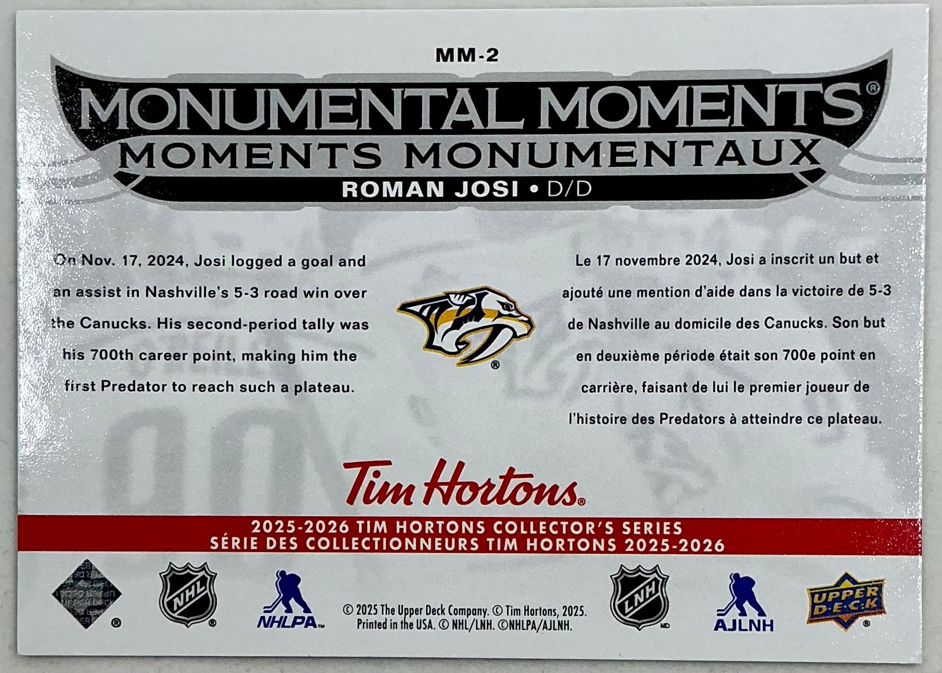 2025-2026 UD Tim Hortons Monumental Moments Roman Josi MM-2