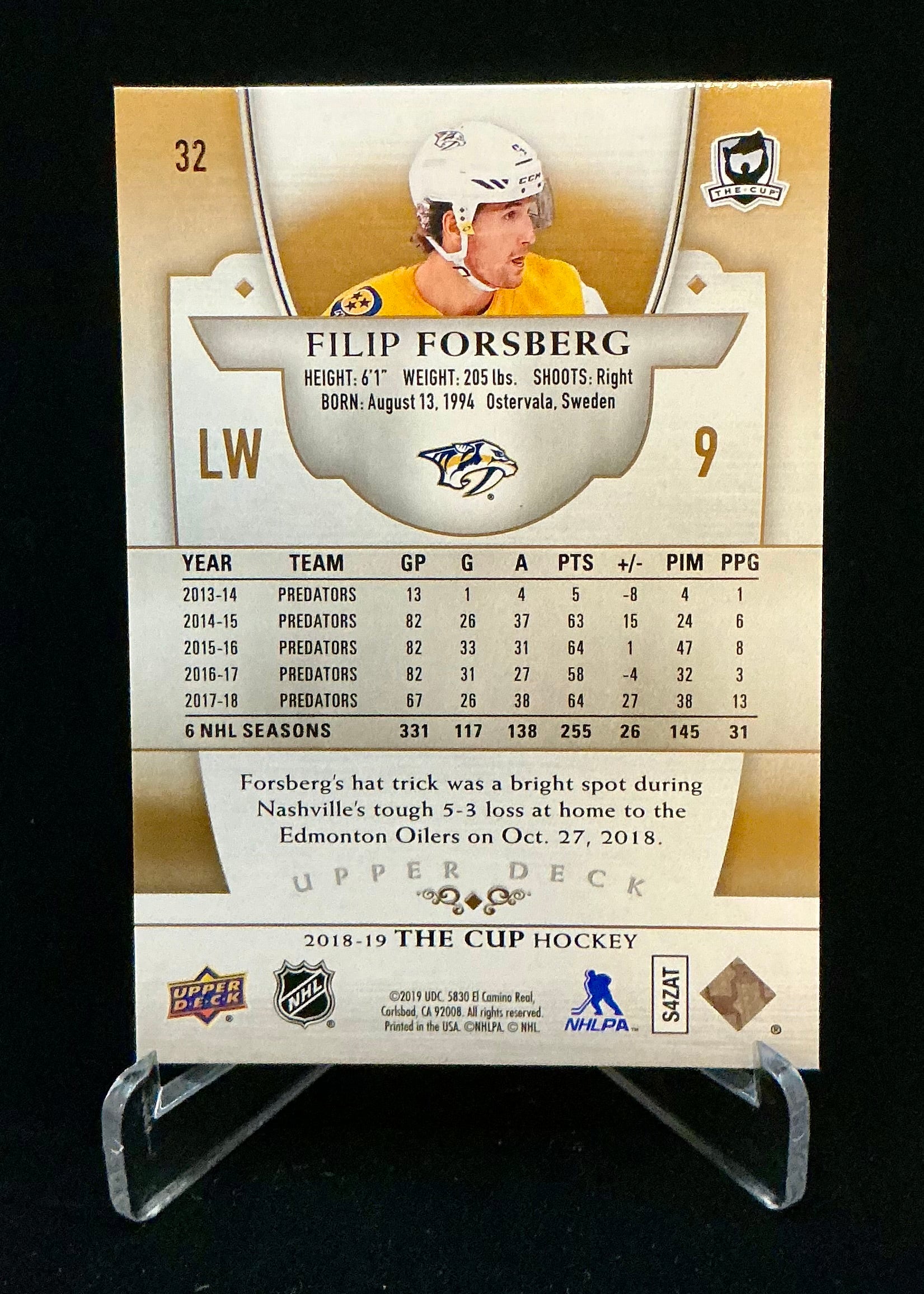 2018-2019 The Cup Base Filip Forsberg Base Parallel Gold Spectrum #32 /12